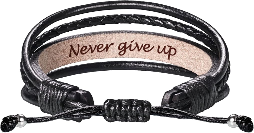 Leather Bracelets for Men Women Inspirational Gifts for Him Her Handmade Black Braided Motivational Birthday Gift for Boyfriend Husband Dad Anniversary Christmas Mens Stocking Stuffers