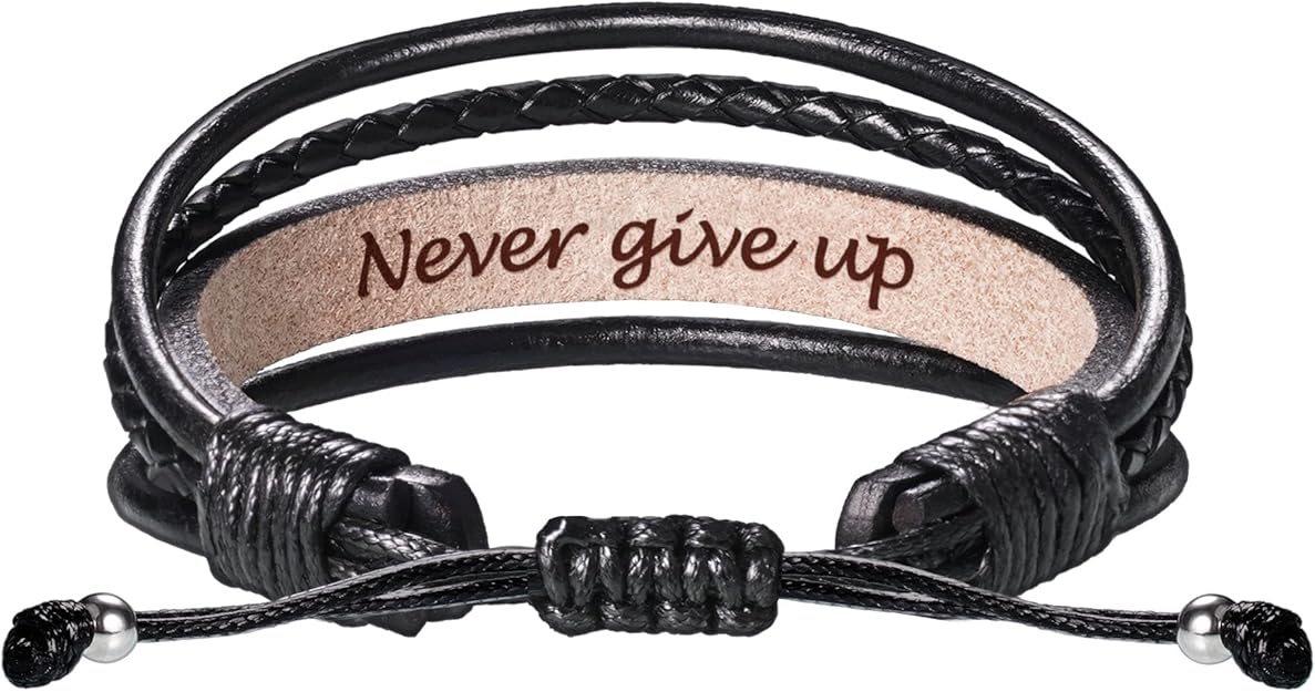 Leather Bracelets for Men Women Inspirational Gifts for Him Her Handmade Black Braided Motivational Birthday Gift for Boyfriend Husband Dad Anniversary Christmas Mens Stocking Stuffers