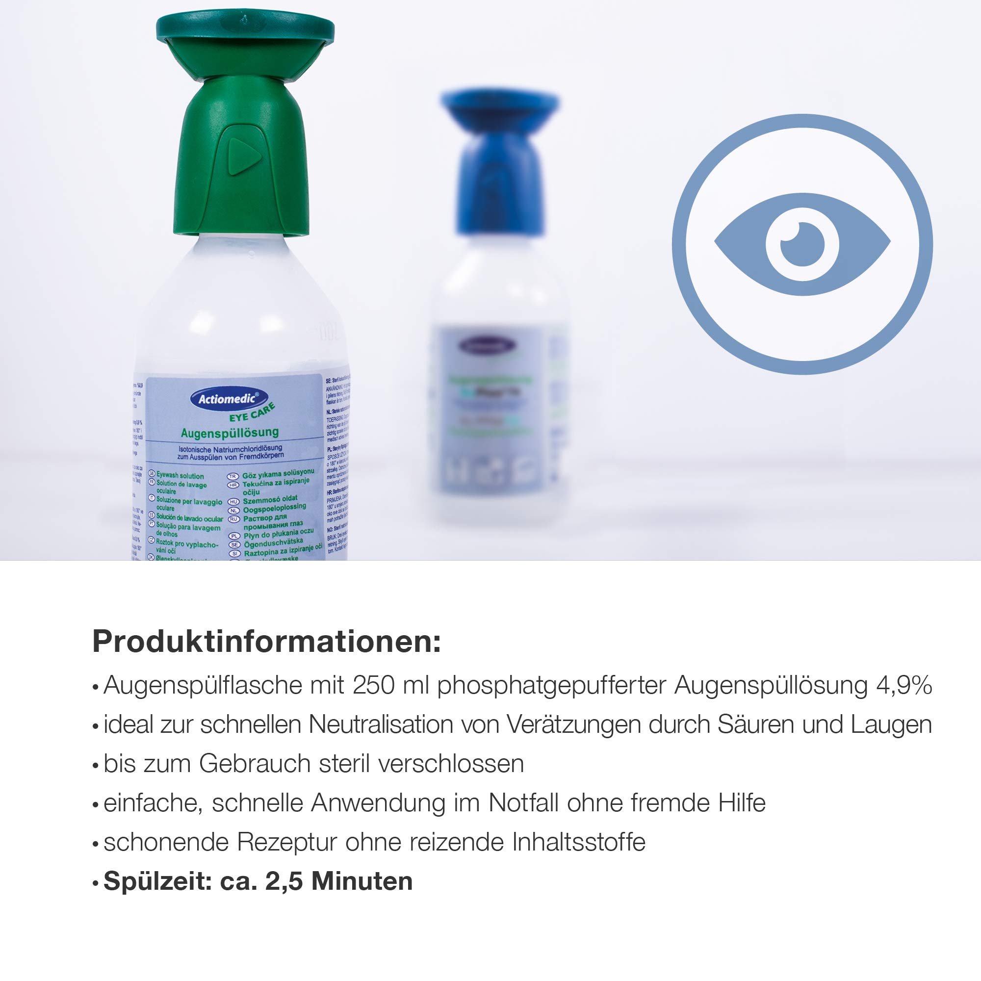 ACTIOMEDIC I Soluzione per lavaggio oculare tamponata ai fosfati BioPhos®74 4,9%, Collirio sterile per rimuovere sostanze chimiche dagli occhi, Dispositivi di primo soccorso, 250 ml