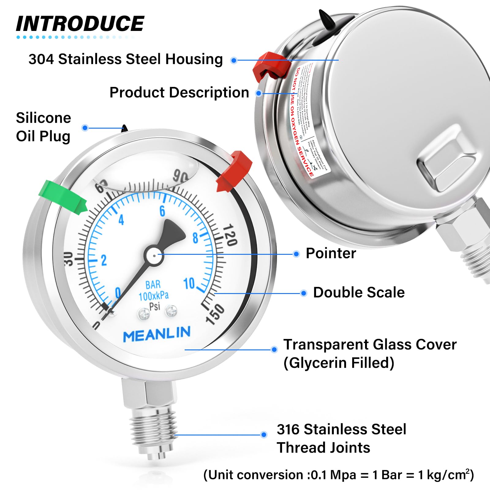 MEANLIN MEASURE 0~10Bar/0~150Psi Manometr cieczy ze stali nierdzewnej z uszczelką ze stali nierdzewnej 316 1/4" BSP 2,5" FACE DIAL do sprężarki powietrza, centrum filtracji wody, dolny montaż
