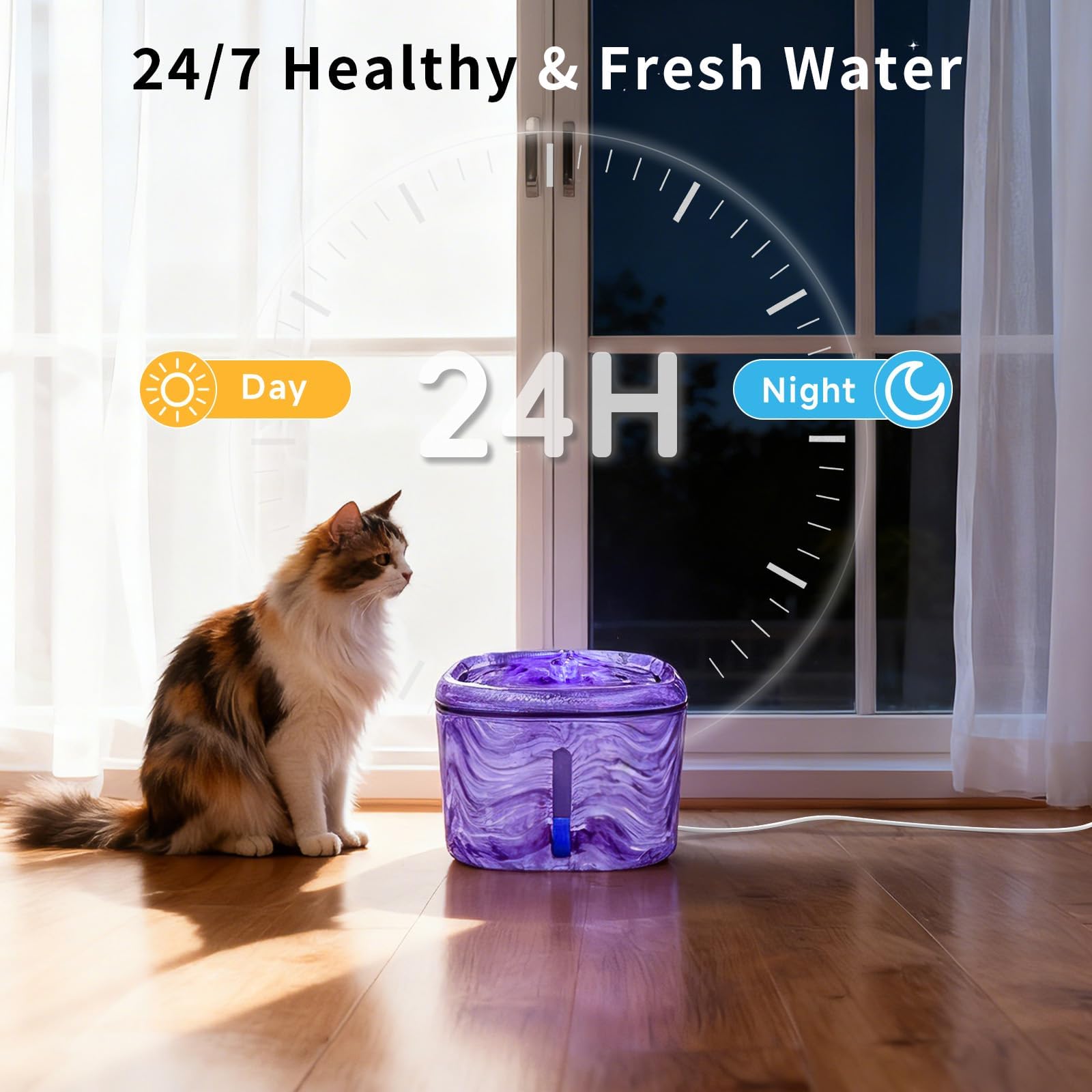 Fuente de agua para gatos morada: fuente de agua automática para mascotas para gatos de interior, 84 onzas/2.5 L, bonita fuente para gatos para beber, luz azul LED, bomba ultra silenciosa mejorada