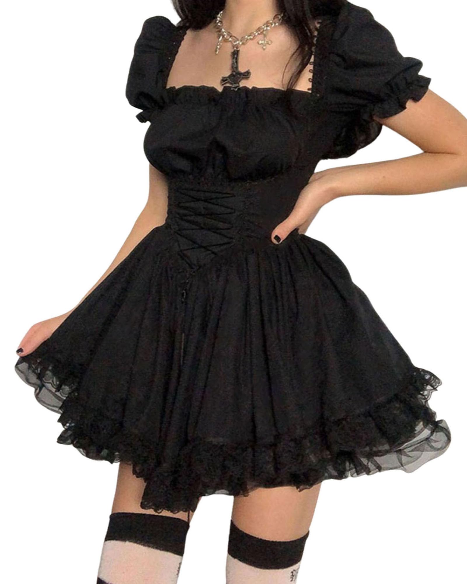 Women 's Black Gothic Lolita Lace Dress Long Sleeve Lace-up Vintage Punk Puff Sleeve A Line Swing Short Goth Dress