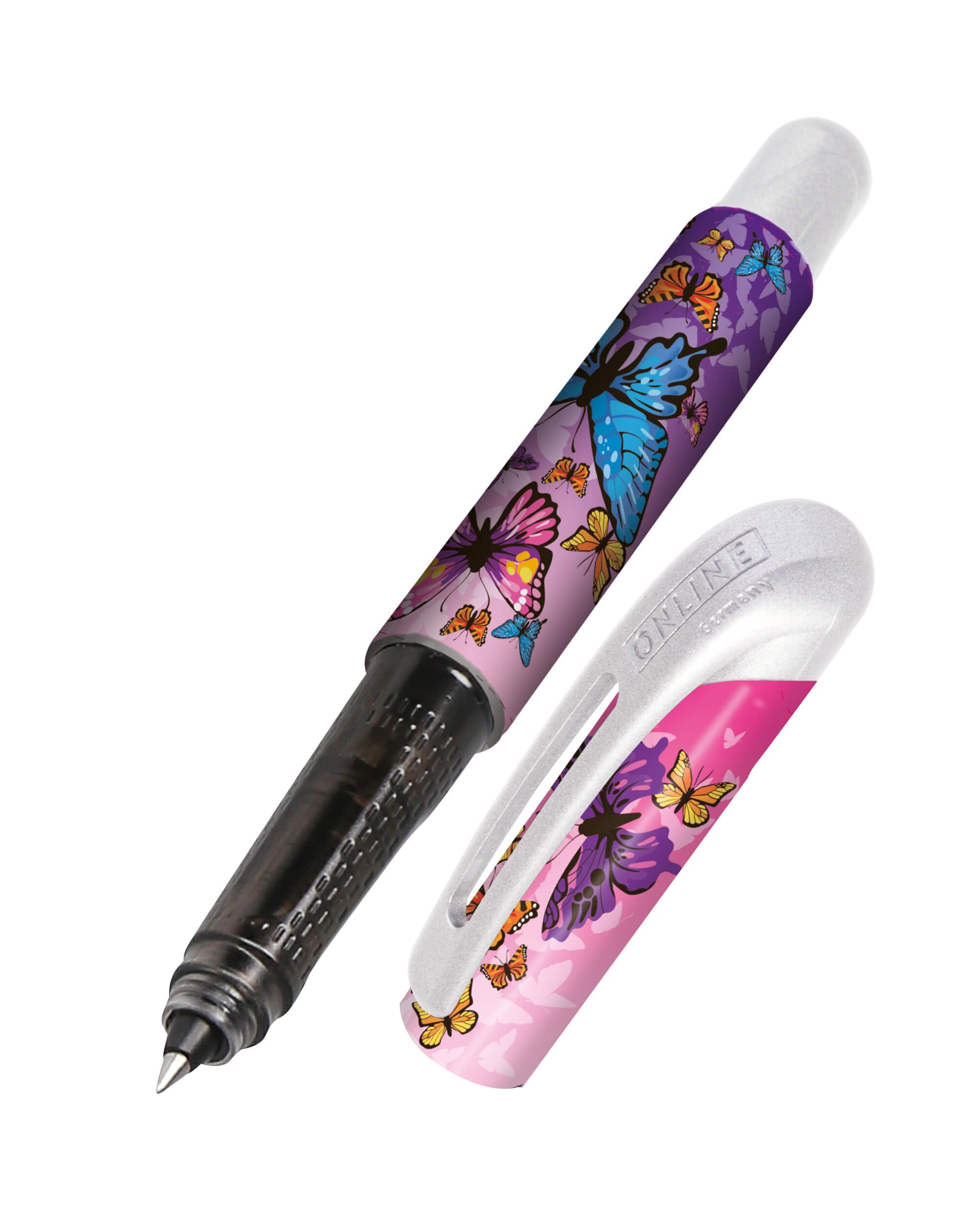 Online ergonomic rollerball pen Butterfly for school & college │ grip part for left- and right-handed │ for standard ink cartridges refillable │ pens for beginners pupils