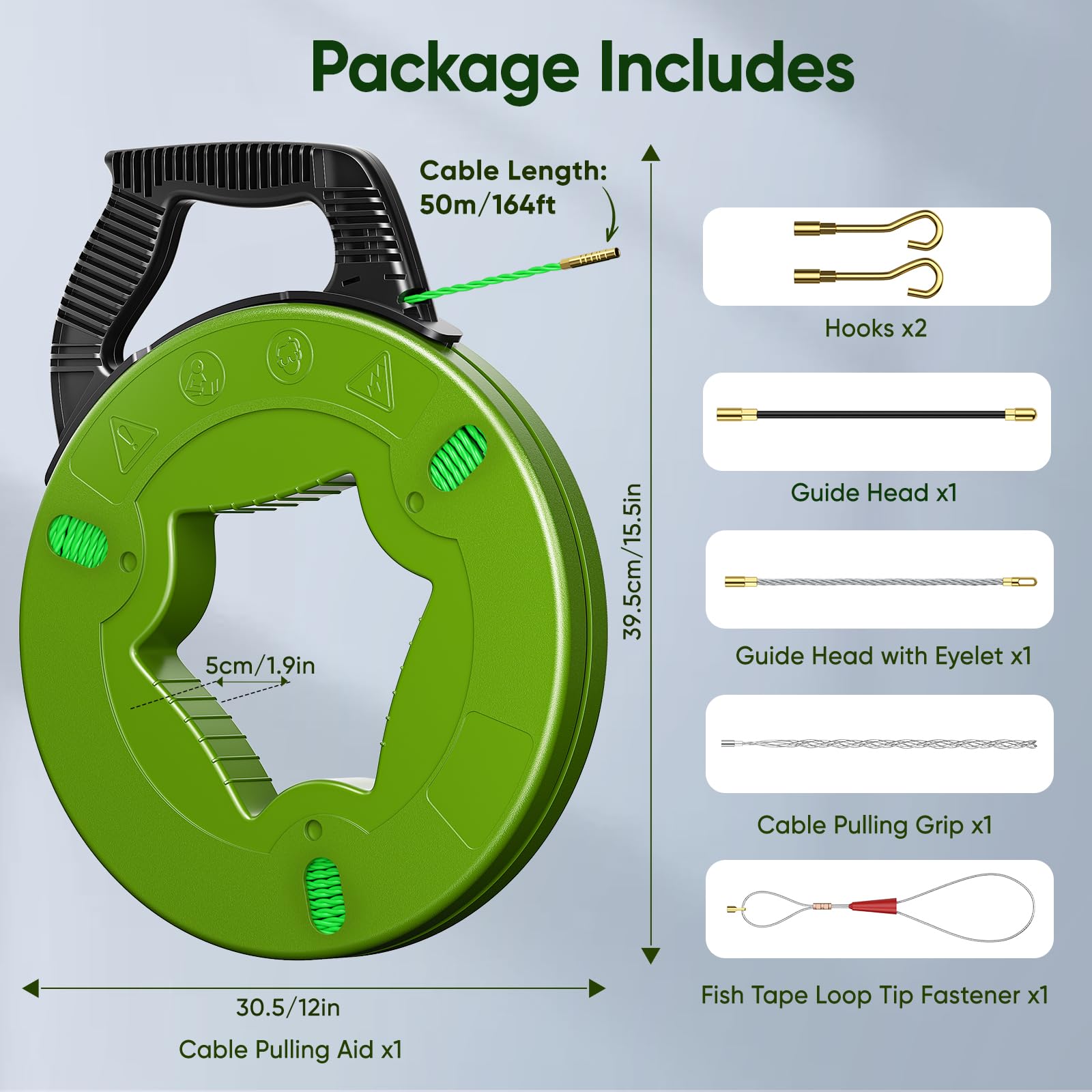 50m Guia Pasacables, 4,5mm Guia Electricista con 6 Adaptadores, Pasacables Cable Eléctrico de Poliéster, Guia Cables Espiral Ayuda de Extracción de Cables para Tirar de Cable