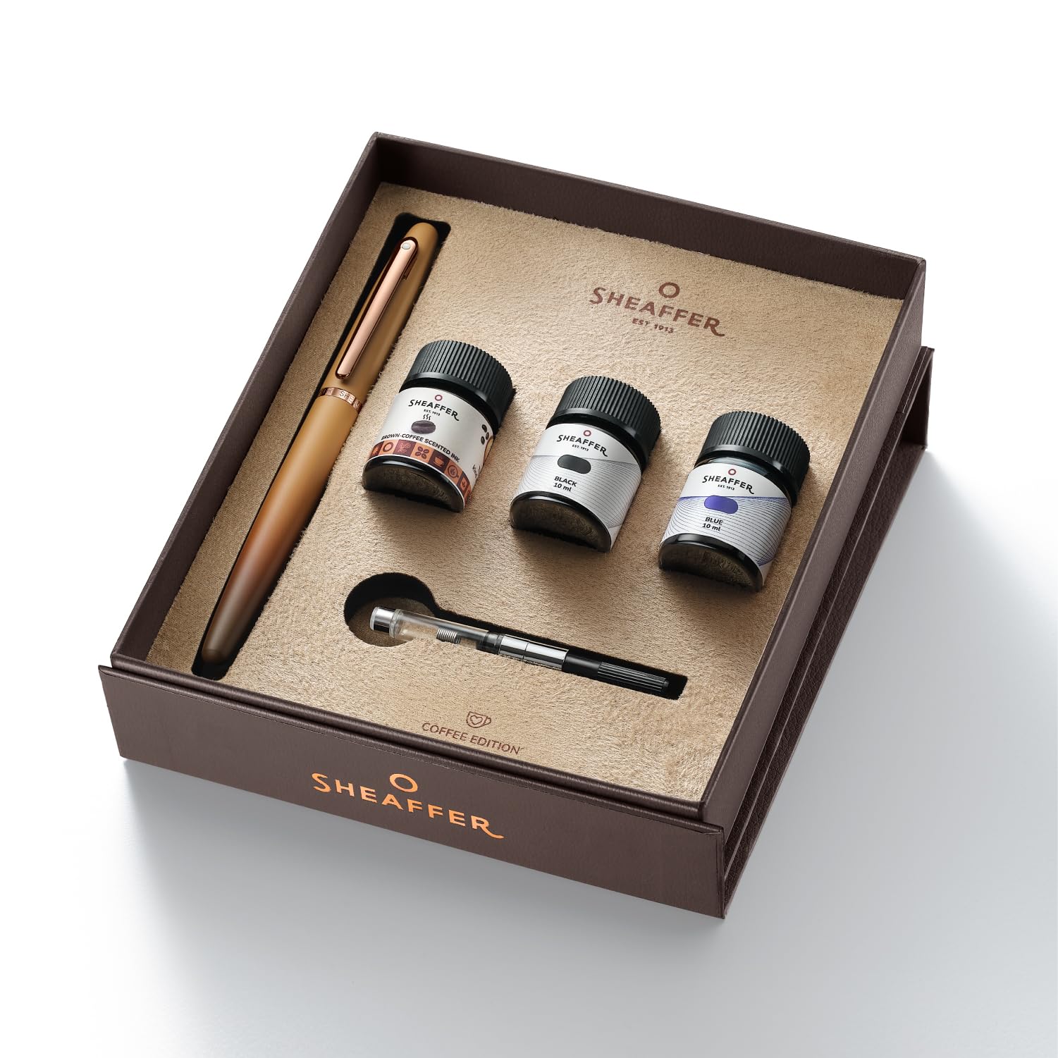 Sheaffer VFM G9428 Coffee Edition Fountain Pen (Medium) with 3 x 10ml Ink Bottles, Matt Brown, Gift Set