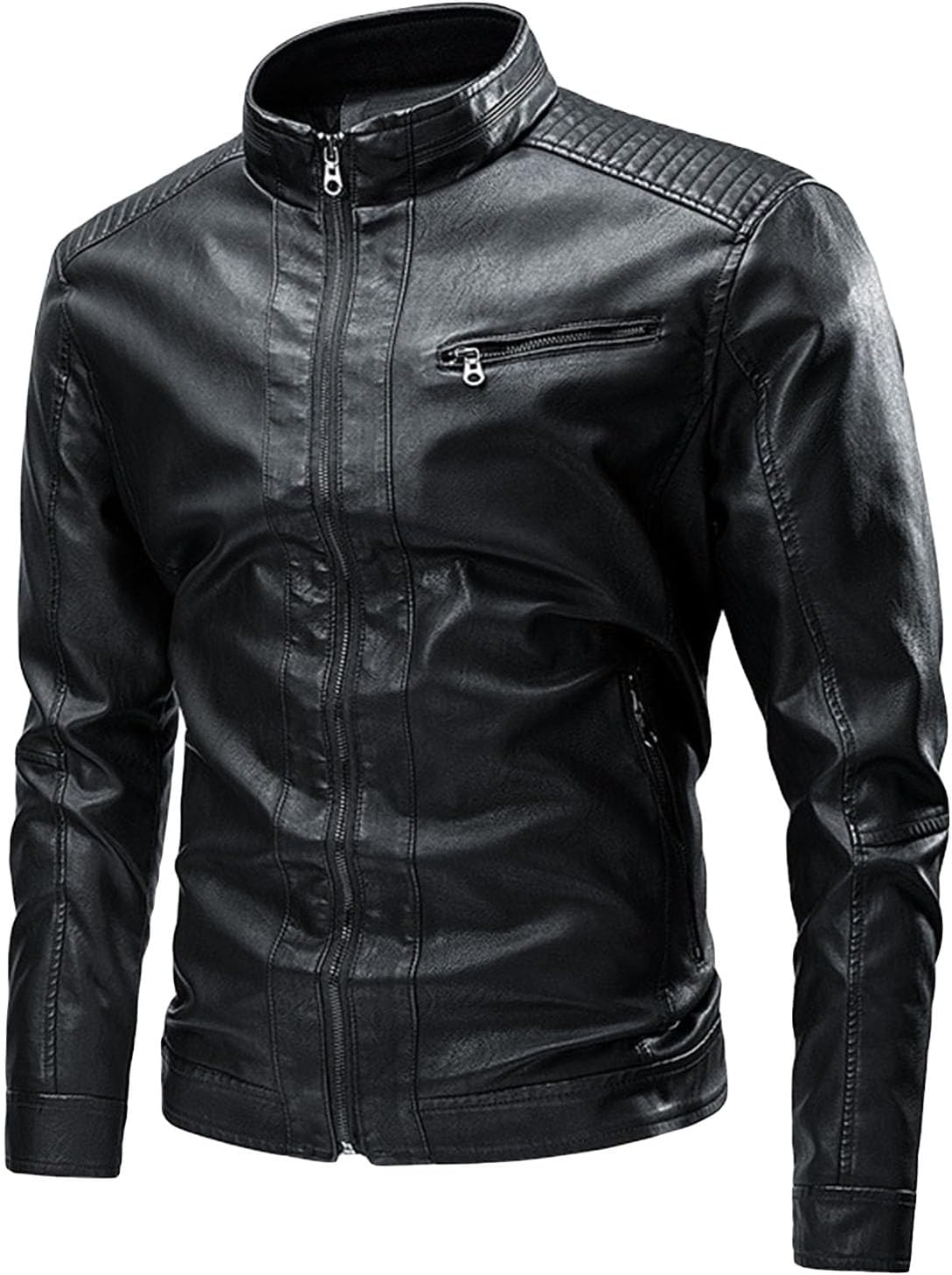Men's Casual Faux Leather Jacke Male Stand Collar Lightweight Biker Jacket Men Black Moto Faux Leather Outwear