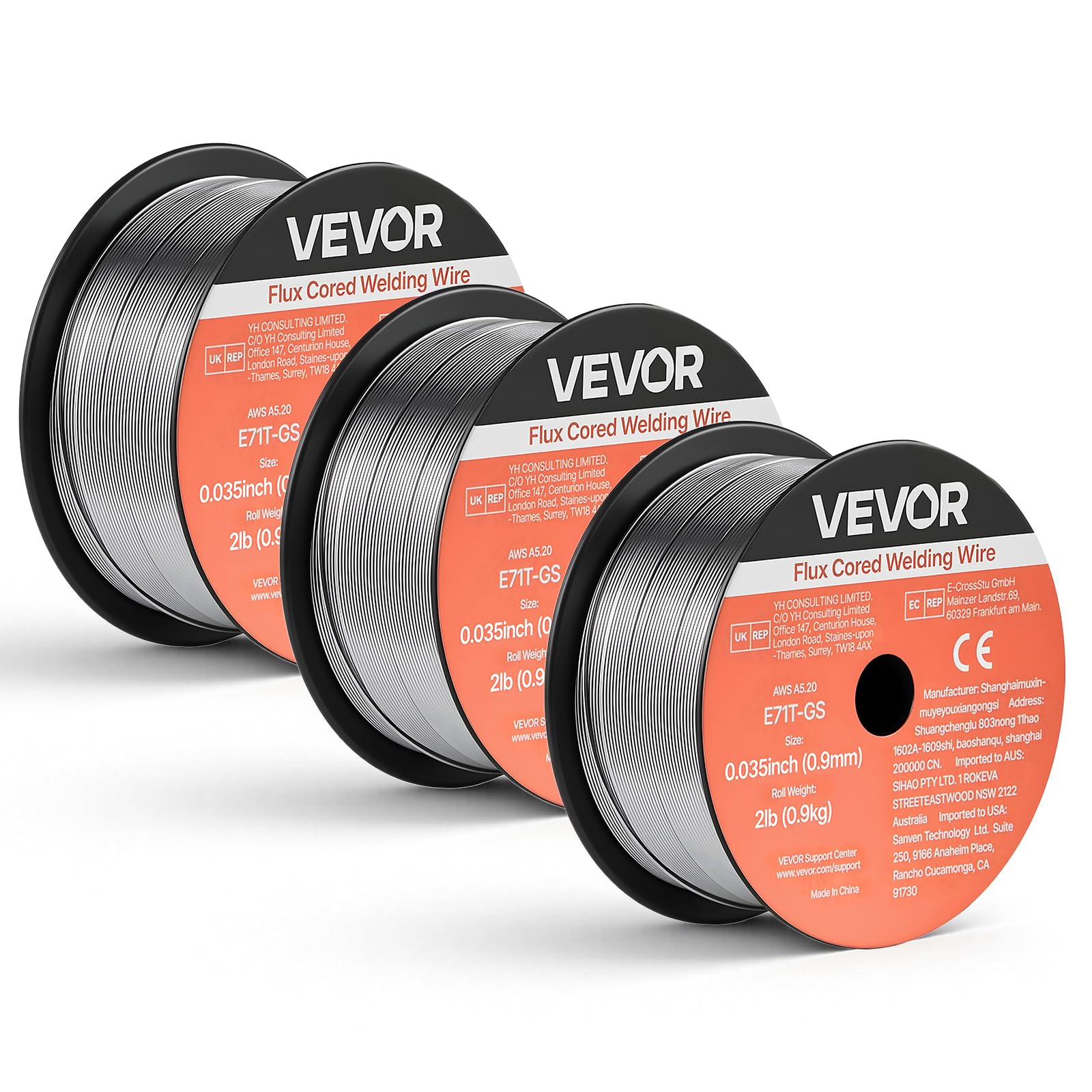 VEVOR Alambre de Soldadura MIG con Núcleo Fundente, E71T-GS, 0,9 mm, 0,9 kg, Acero Dulce sin Gas, con Bajas Salpicaduras para Soldadura por Arco en Cualquier Posición, para Exteriores, 3 Rollos