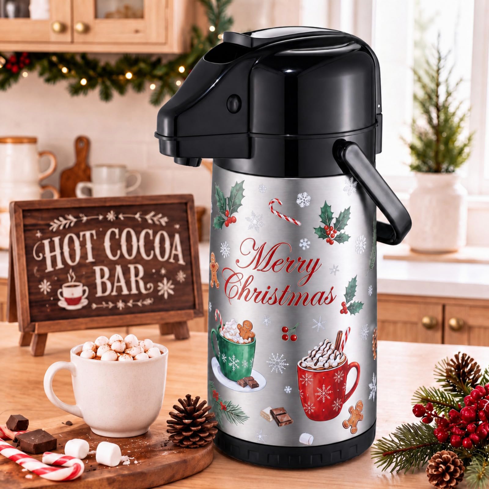 Christmas Airpot Coffee Carafe with Pump Hot Cocoa Dispenser, Cocoa Cups