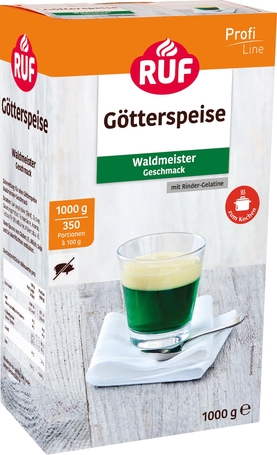 RUF Götterspeise Rindergelatine Waldmeister, grüner Wackelpudding ohne Schweinegelatine mit Waldmeister Geschmack, Götterspeisepulver Gelatine Rind, 1 x 1000g