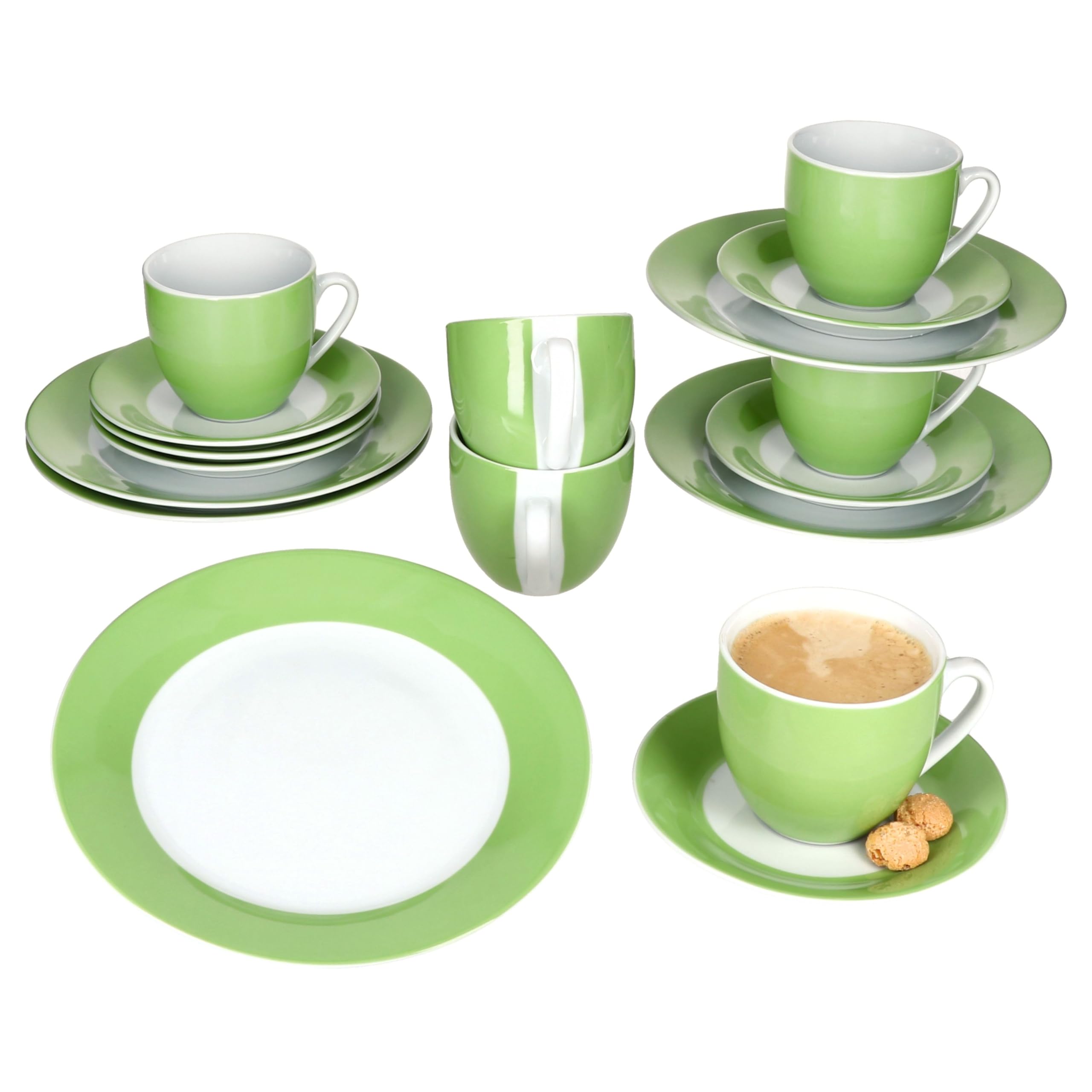 MamboCat Variant Grün 18tlg Kaffeeservice I farbige Porzellan-Kaffeeset für 6 Personen I Je 6X Kaffeetassen 200ml, Untertassen & Kuchenteller I buntes Geschirr für Frühstück & Kaffee
