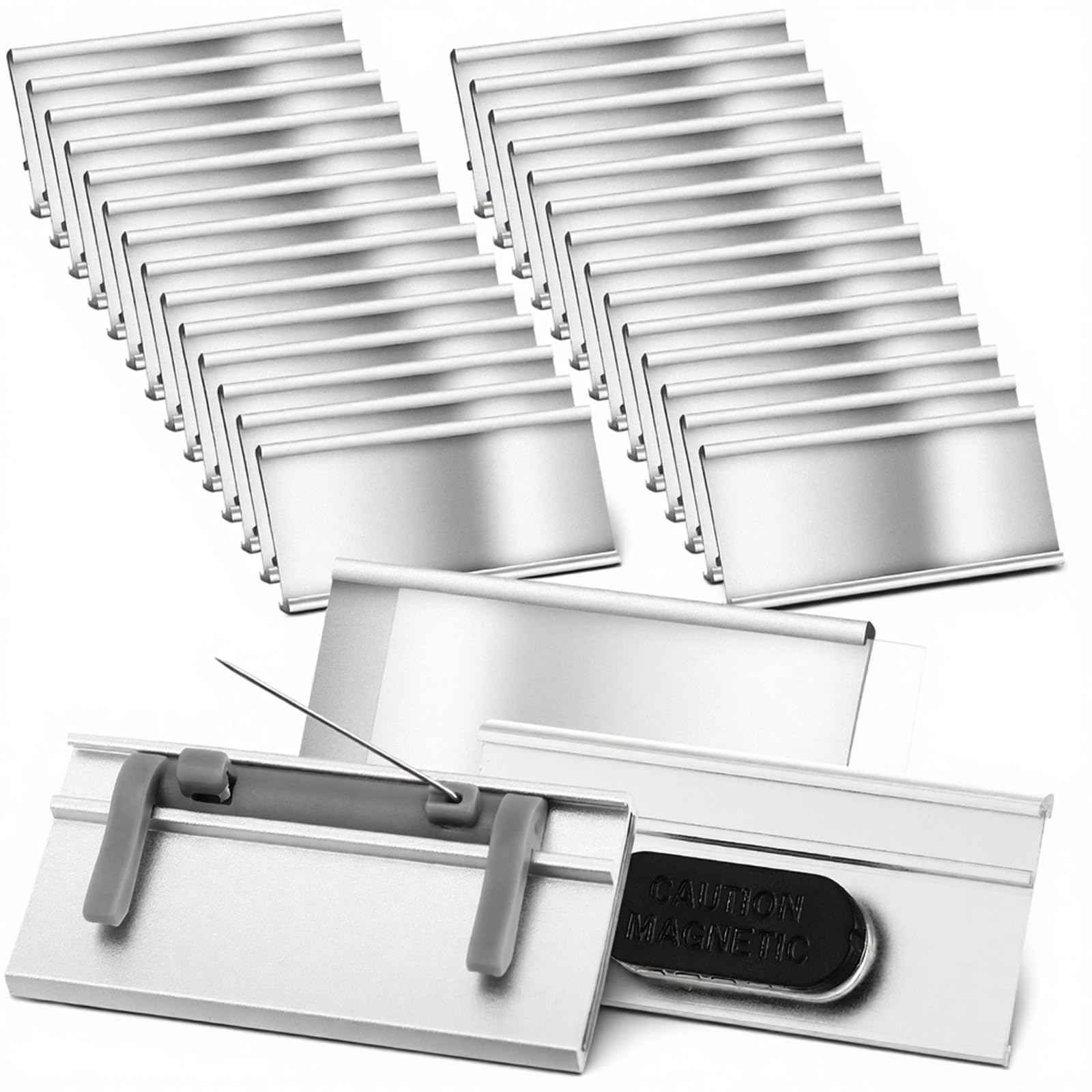 Hicarer 25 Pack Aluminium Name Tags with Pin and Strong Double Magnets Transparent Magnetic Aluminum Name Tags ID Badge Blanks Badge Holder Labels, 72 x 32 MM, Silver