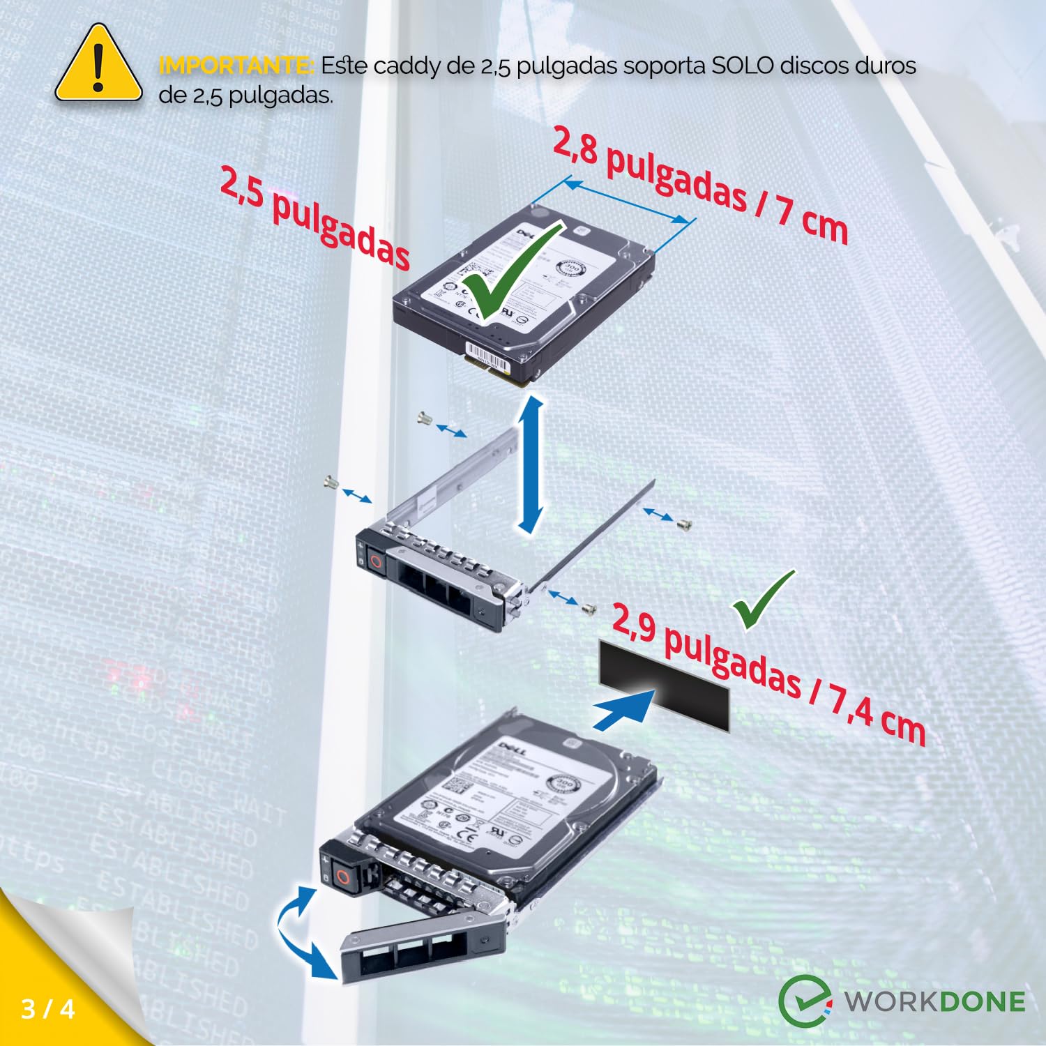 WORKDONE Paquete 2 Portaunidades Caddy 2.5” Compatible con DELL PowerEdge -14.ª G. R440 R640 R740 R740xd R840 R940 DXD9H - SAS NVMe Bandeja de Rail - Soporte Conexión en Caliente - Fácil Instalación