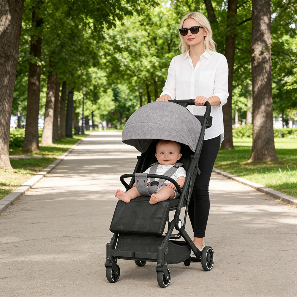 Homewell Kompaktowy wózek dziecięcy 15 kg, pozycja leżąca, ultra kompaktowy składany jedną ręką, 5-punktowa uprząż, wysuwany kaptur (szary)
