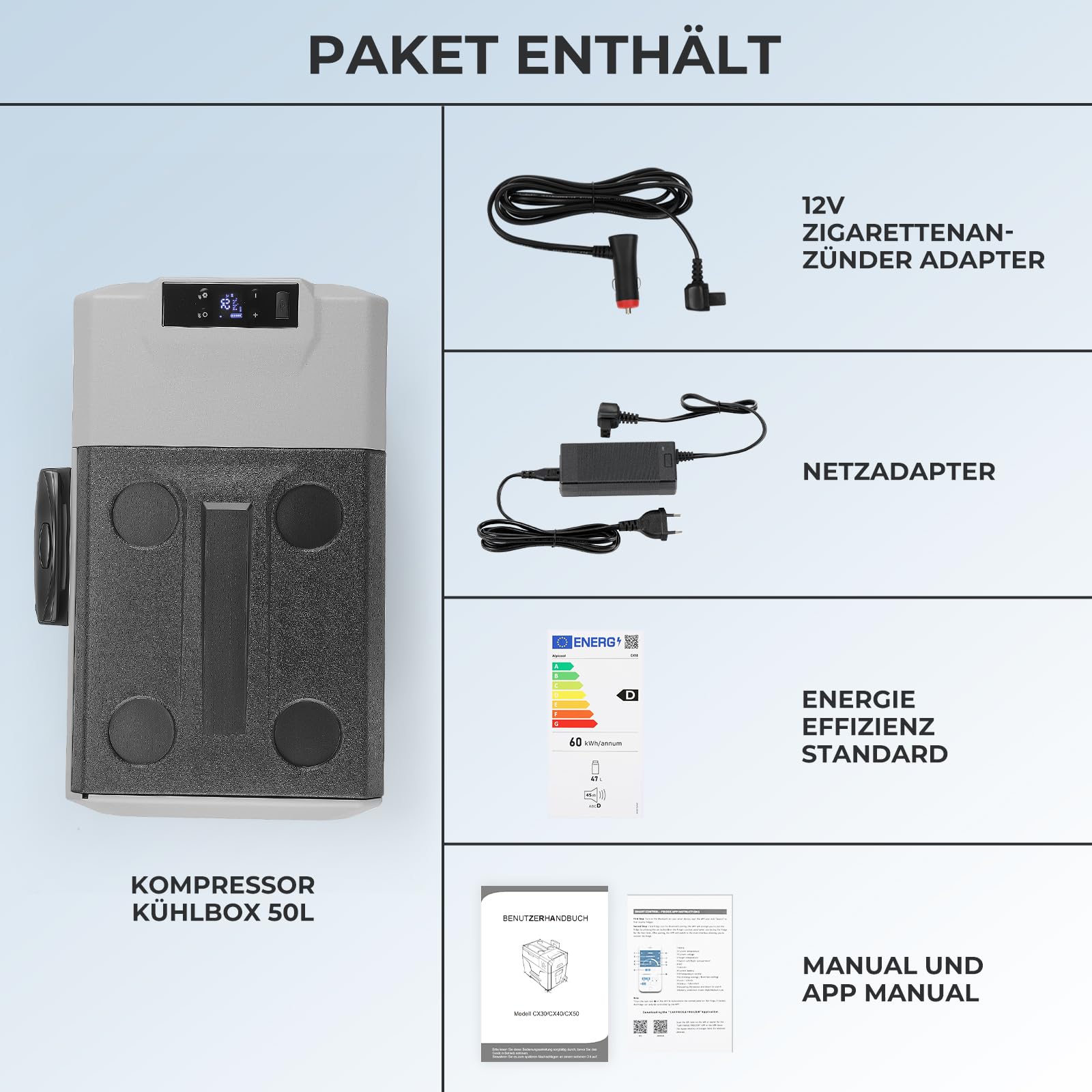 Przenośna lodówka z kompresorem, 50 l, 12 V, 24 V, 230 V, przenośna, mała zamrażarka do -20 °C, do samochodu, na kemping, ciężarówkę, łódź i gniazdko z przyłączem USB, drążek teleskopowy