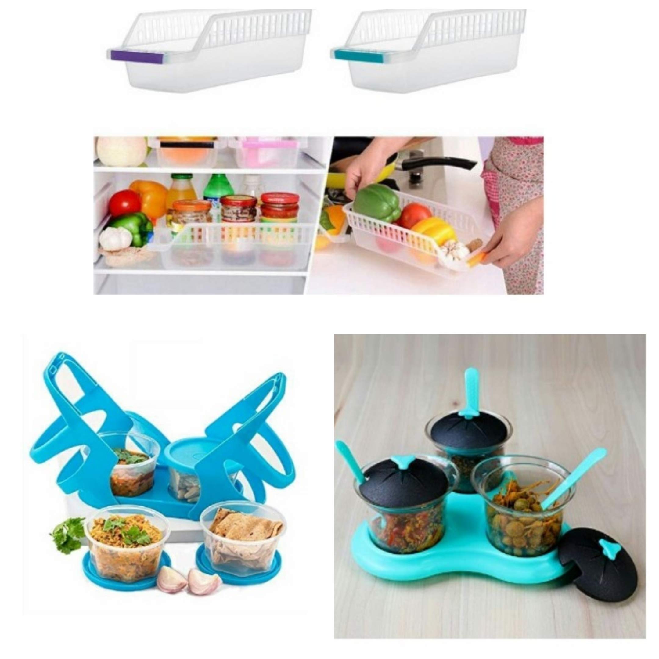 plenzo 4 Pcs Fridge Space Saver Slide Storage Rack + 3 Pcs Dining Set Jar and Tray Holder Plastic Storage Serving Dinner + 4 Tiffin Box for School Office with Attractive Stand Combo of 3 Pack