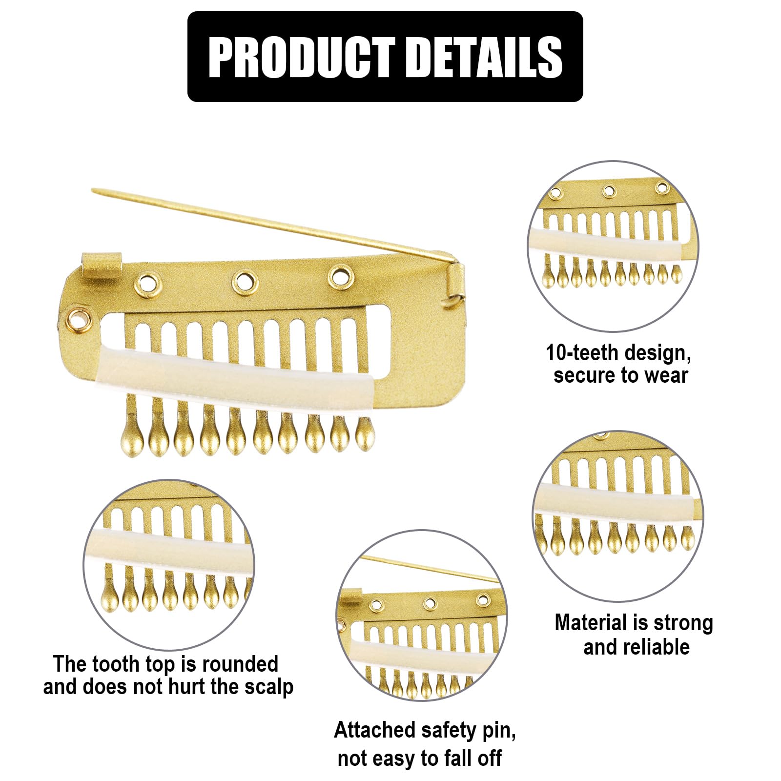 12pcs Gold Wig Clip with Safety Pins, 10-Teeth Hair Extension Snap Clips for Strong Grip, No Sew Chunni Dupatta Headscarf - Image 3