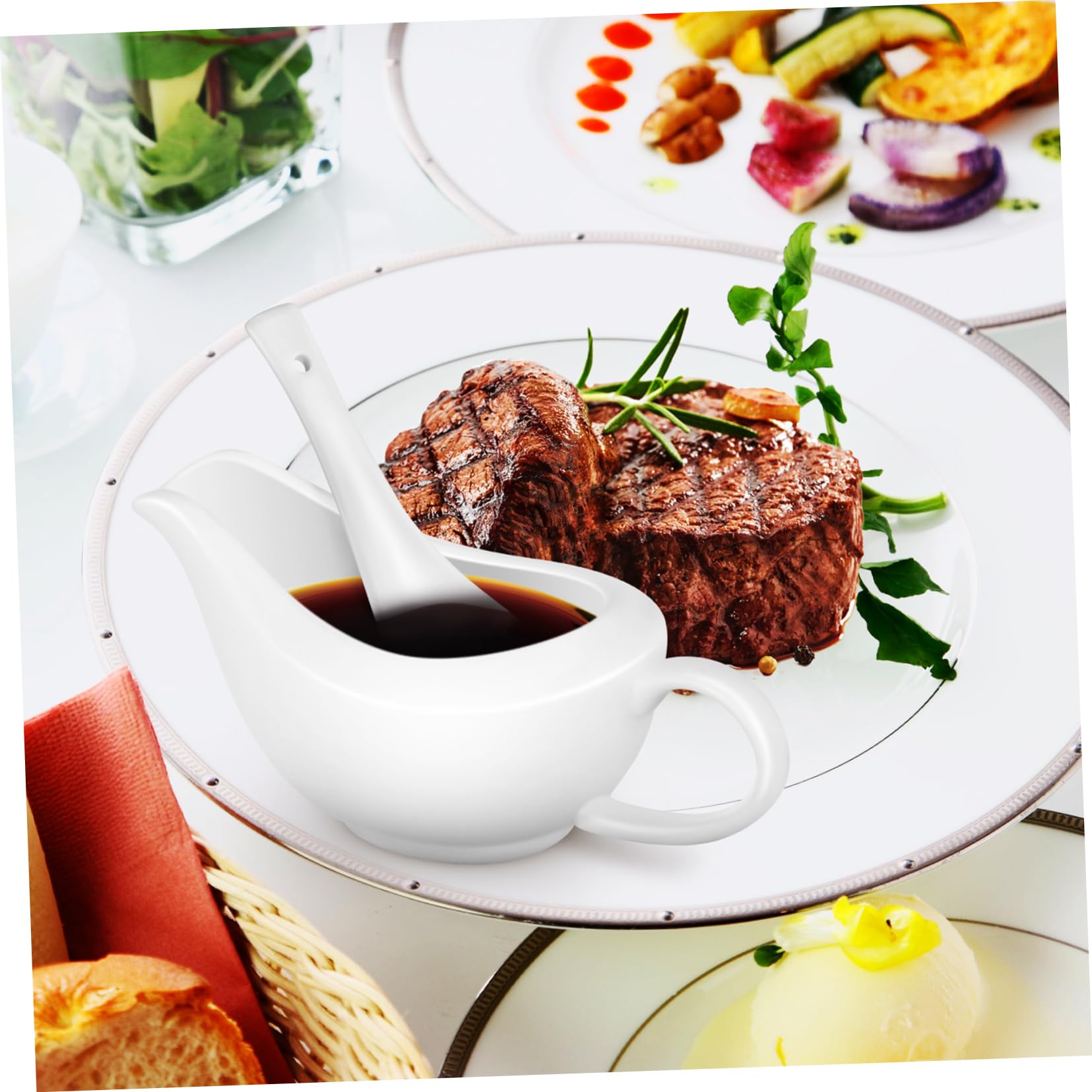 GLEAVI Ceramic Gravy Bowl with Spoon Elegant Pitcher for Sauces Condiments and Dipping Serving Dish for Dining Occasions