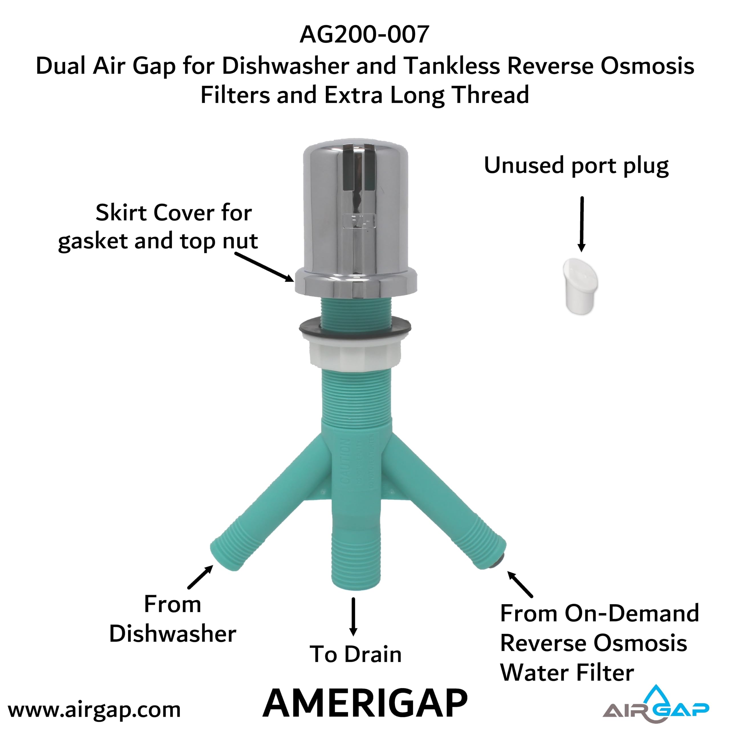 Dual Air Gap for Dishwasher and Tankless Reverse Osmosis Filter with Extra Long Thread (AG200-007 AMERIGAP)