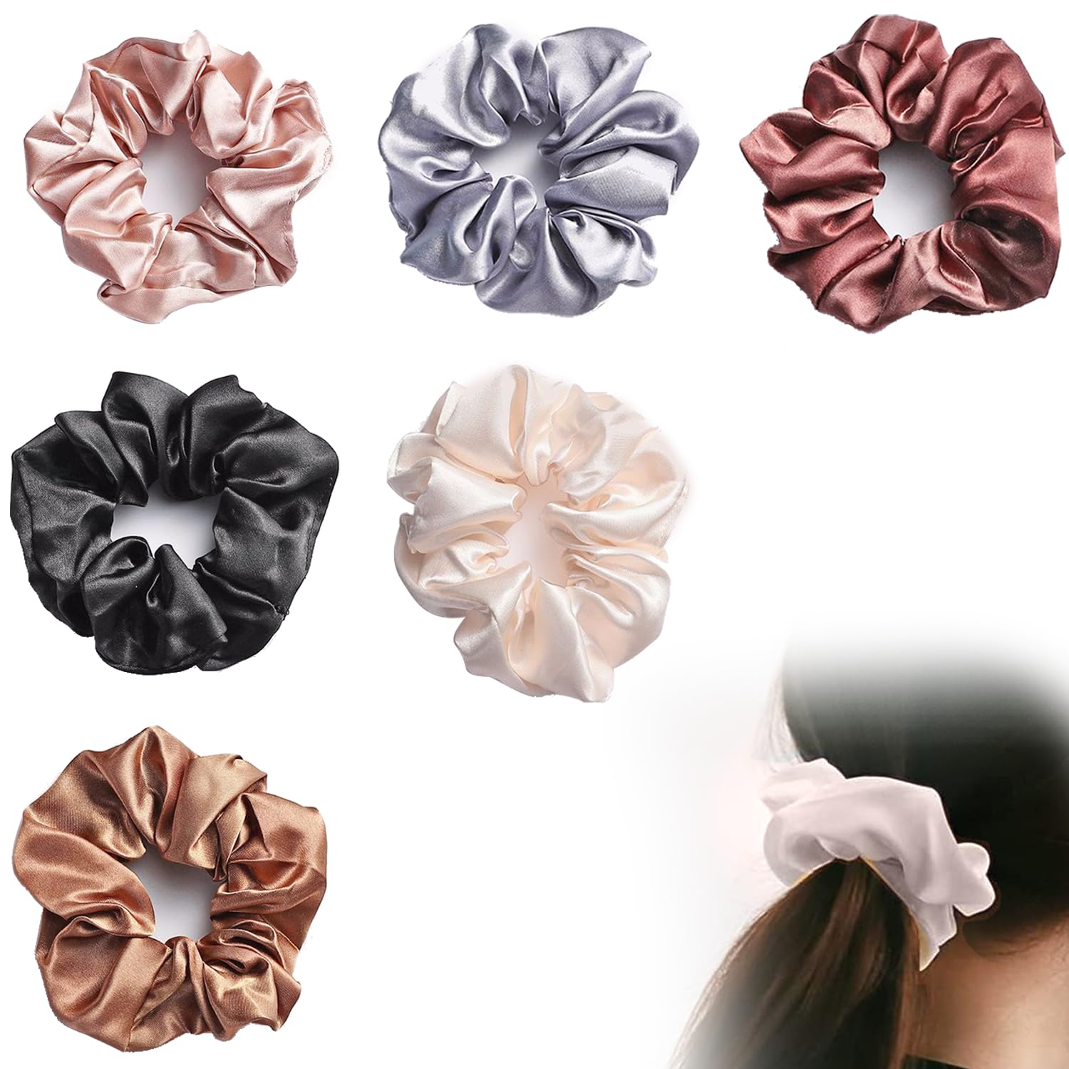 6er-Pack Stretch-Haargummis Aus Satin – Weich, Haarschonend, In 6 Farben