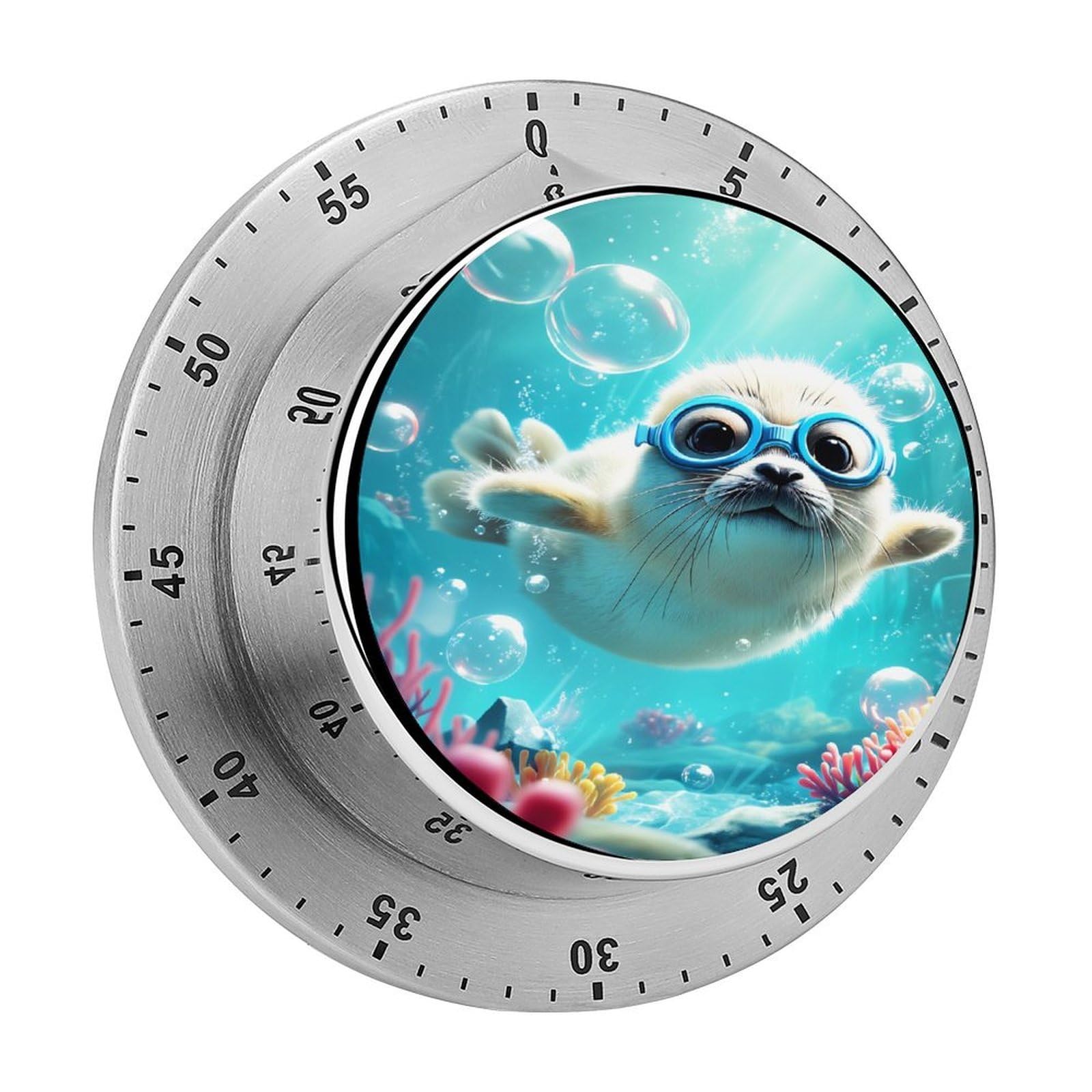 Cute Seal with Glasses Underwater 60 Minute Wind Up Timer,Visual Mechanical Magnetic Timer with Loud Alarm for Kitchen