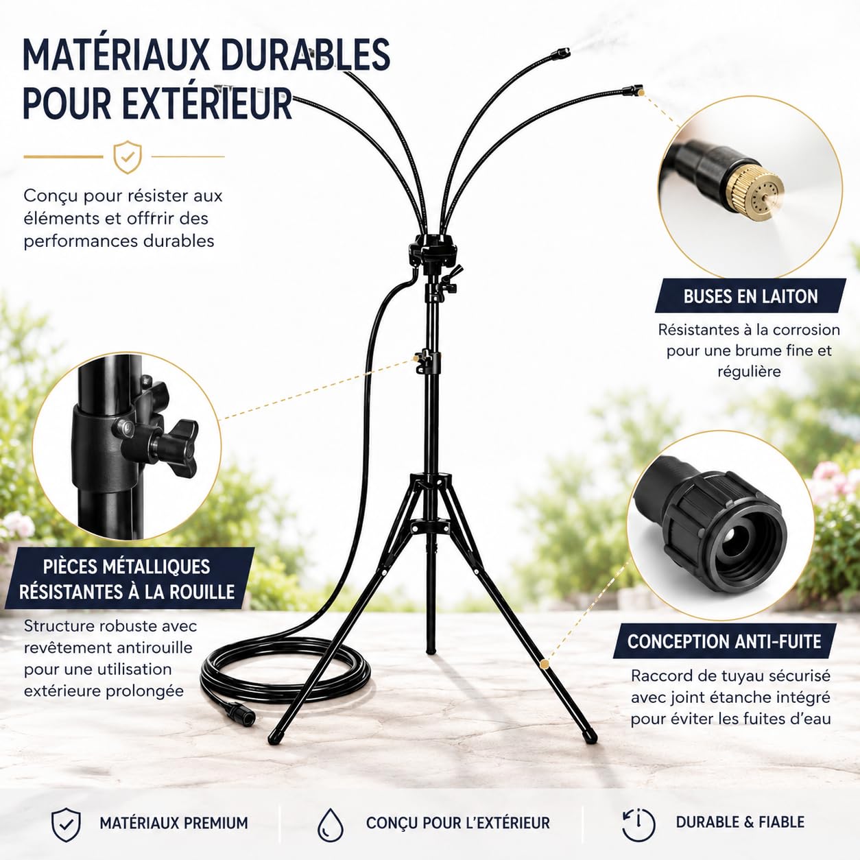 Brumisateur Terrasse sur Pied, Système de Brumisation Extérieur Réglable avec 4 Buses, Pulvérisateur d’Eau Portable pour Jardin, Patio, Piscine, Barbecue et Rafraîchissement d’Été (Noir)