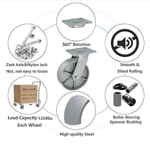 Miniatura 6 de Rueda de hierro fundido de acero resistente, caja de herramientas y banco de trabajo, juego de 4,5000 libras de capacidad (6 pulgadas, 2 giratorias