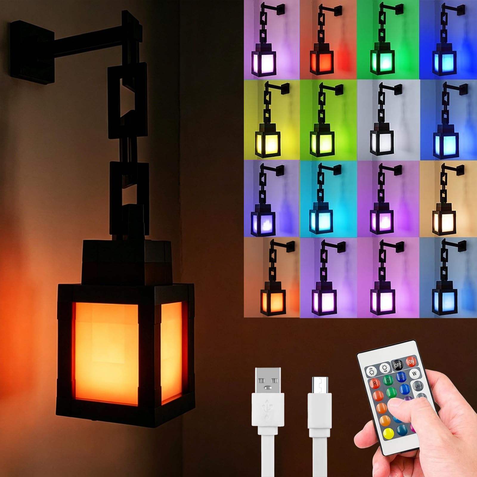 DAZZTIME Pixelated Lantern Nachtlicht,Wall Fackel Nachtlicht,Tragbare Wandlampe,LED Wall Stimmungslicht,16 Farben Mit Fernbedienung & Dimmfunktion,für Zimmer Gamerzimmer