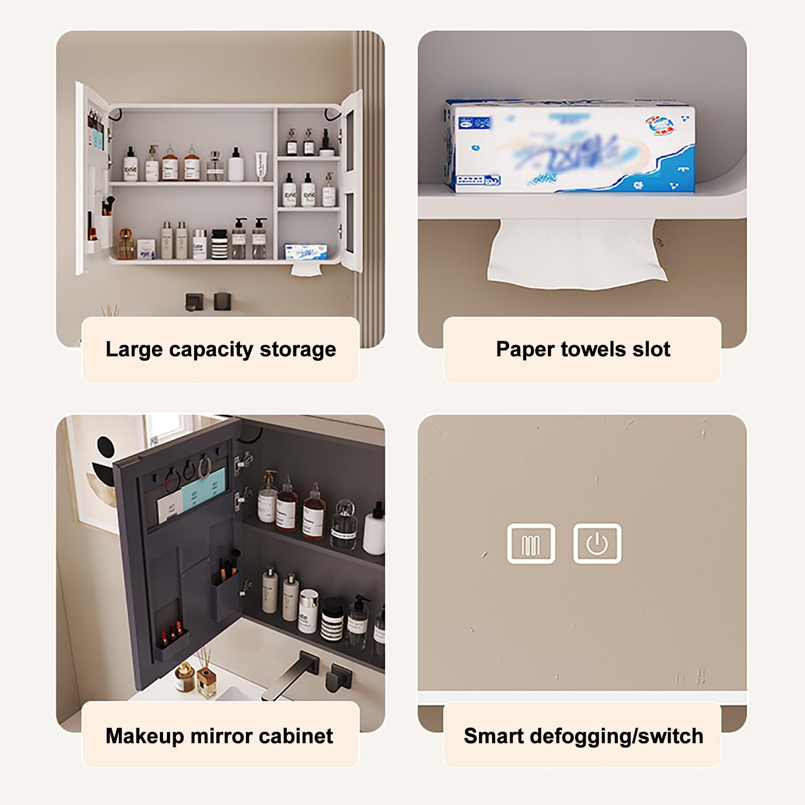 Mobiletto da bagno moderno con illuminazione a LED - Unità di stoccaggio a parete 3 in 1 con specchio interno per bagno e camera da letto, grigio scuro, 80x70x13 cm. Idea regalo perfetta per gioielli