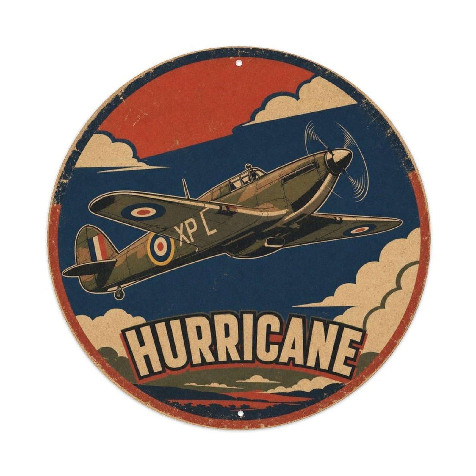 Hurricane British Fighter Aircraft Retro Screenprint Metal Tin Sign Plaque Wall Decor for Cafe, Man Cave, Club Bar, Office, Home Garden Round Metal Poster 8x8Inch
