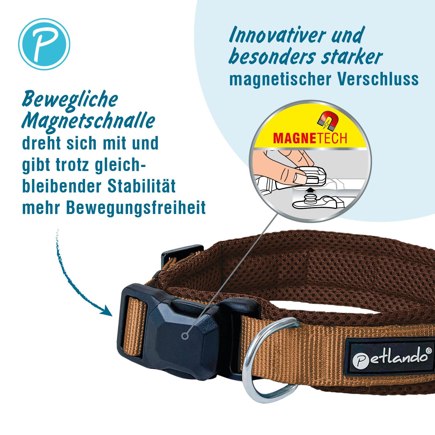 Petlando Hundehalsband mit innovativer Magnet-Schnalle, stufenlos verstellbar, weich gepolstert mit Mesh, atmungsaktiv, D-Ring, Magnetech Halsband für sehr kleine Hunde Mokka/Cognac, XXXS