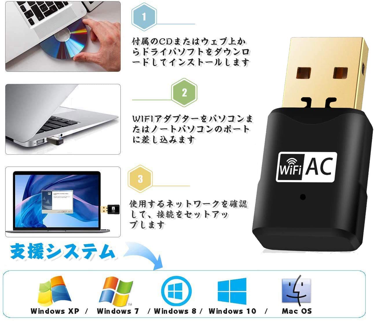 Amazon | WiFi 無線LAN 子機 600Mbps WiFi USB アダプタ 2.4G/5Ghz