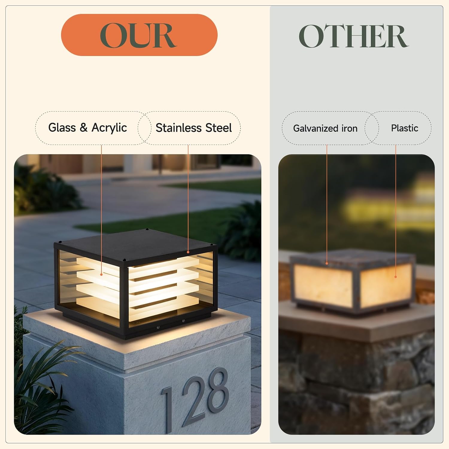 11.8 Outdoor Post Lights Hard Wired, Glass Pillar Lights Outdoor Waterproof, 3000K LED Column Light Outside, AC100-240V Large Square Post Lamp, Modern Pillar Light for Patio Columns (1 Pack)
