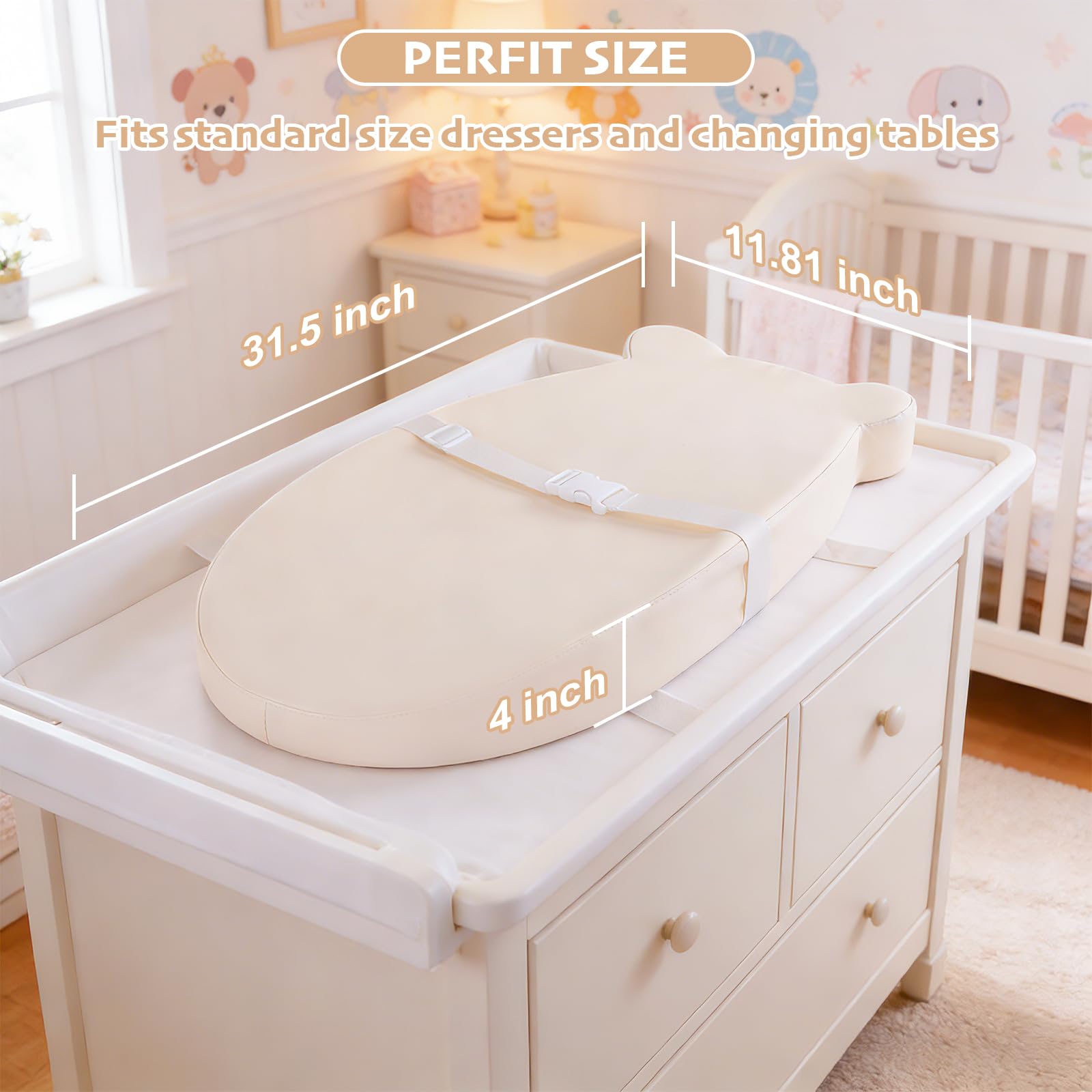 Baby Changing Pad, Waterproof & Wipeable Soft Diaper Changing Mat with PU Cover, Contoured Baby Changing Pad for Dresser & Table, with Non-Slip Safety Belt, Portable & Lightweight,Large Cushioned Foam - 4