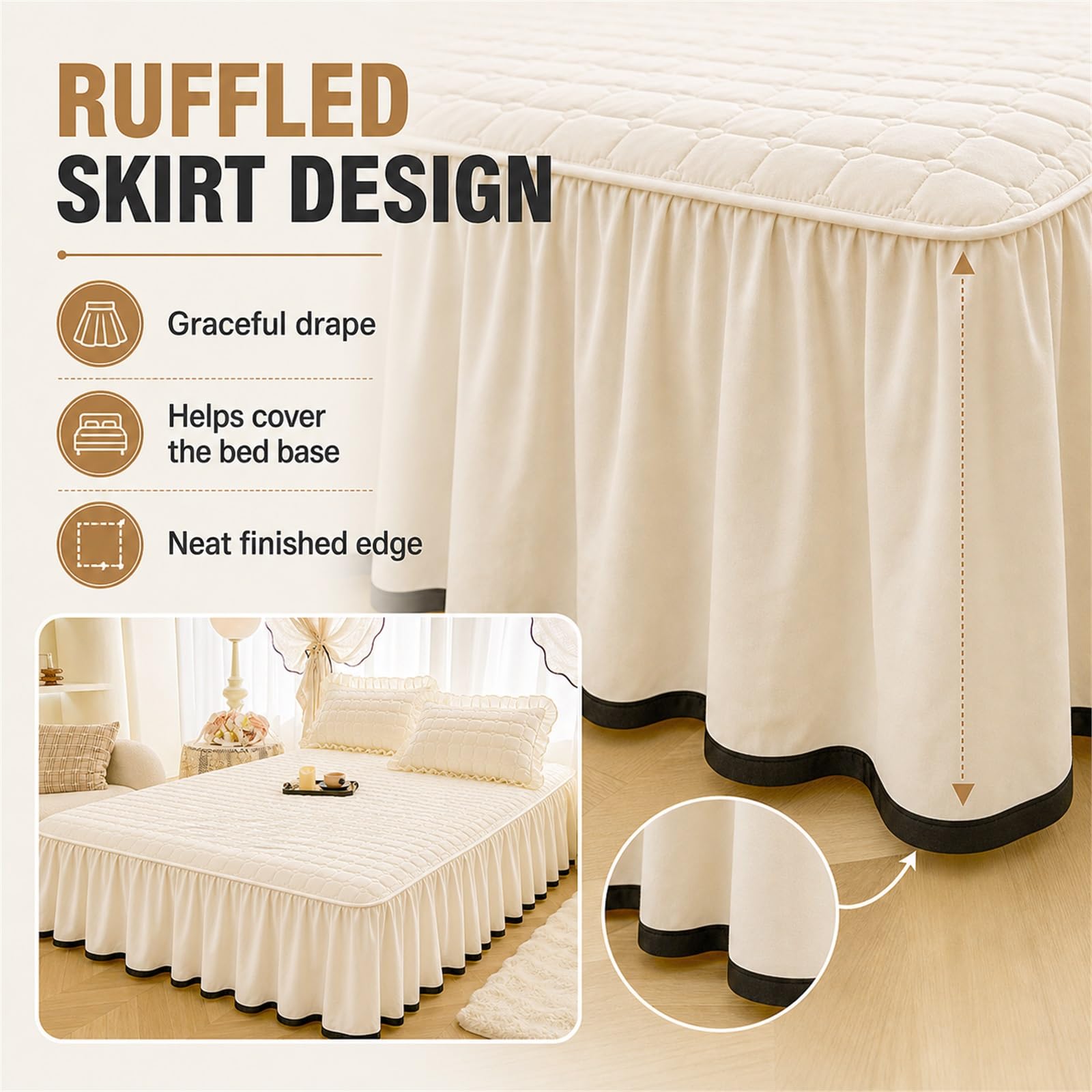 Gonna da Letto Trapuntata,Copriletto Trapuntato con Volants Coordinati,Mantovana Copriletto Elegante Gonna con Volants,Facile da Usare,per Camere da Letto E Soggiorni