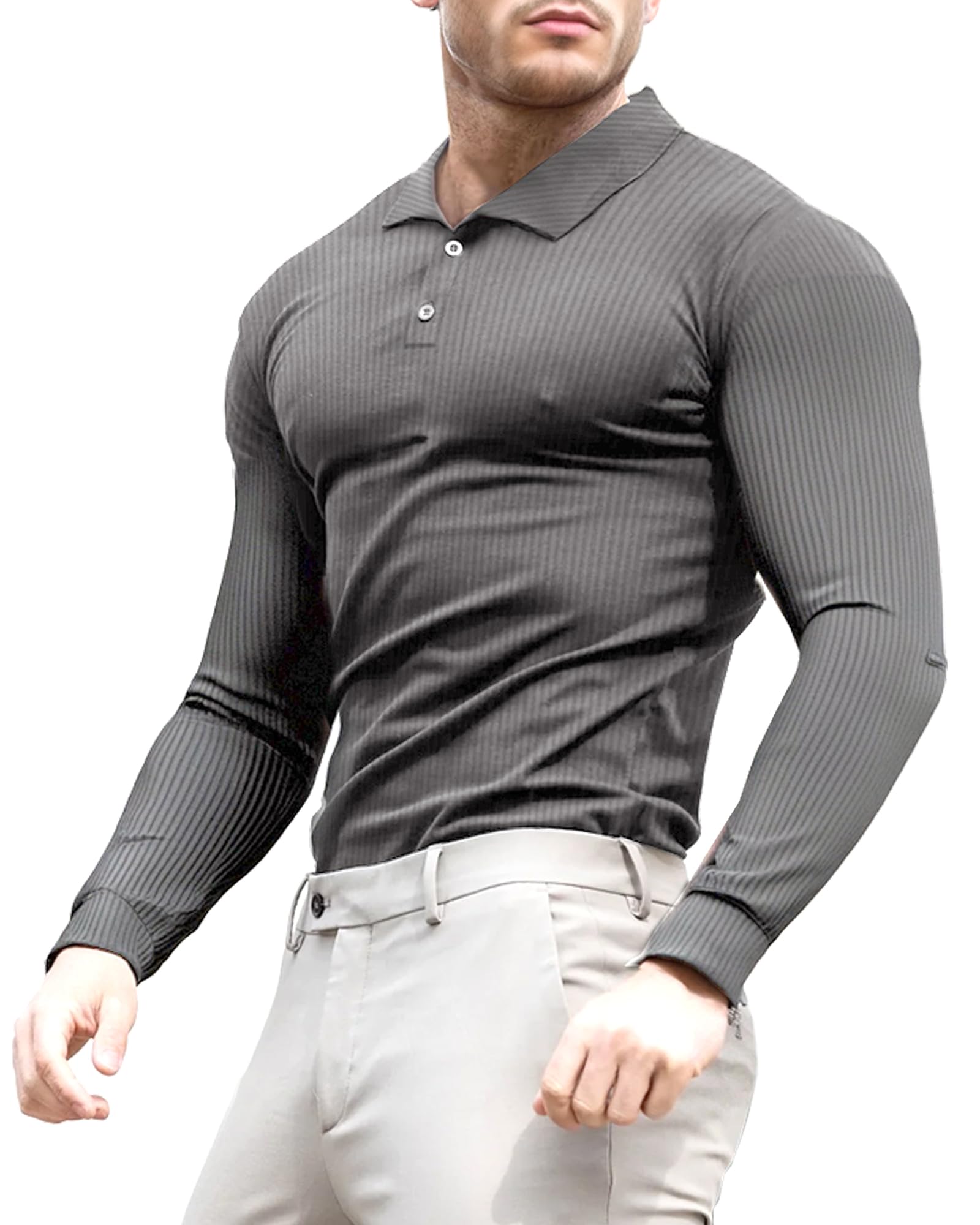 Lehmanlin Men's Muscle Polo Shirts Long&Short Sleeve Casual T- Shirts Slim Fit Stretch Ribbed Golf Tops