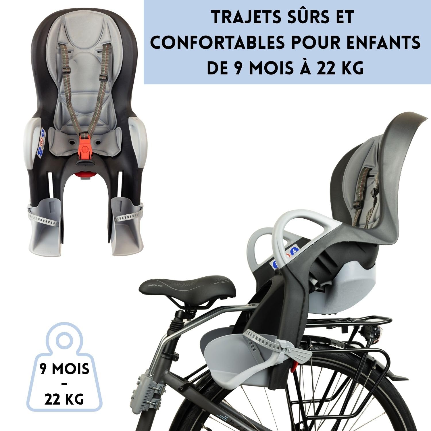 OK Baby Siège Vélo Enfant Arrière Inclinable jusqu'à 22 kg - Noir | Dossier inclinable, housse de pluie incluse et sécurité testée pour accompagner les trajets du quotidien