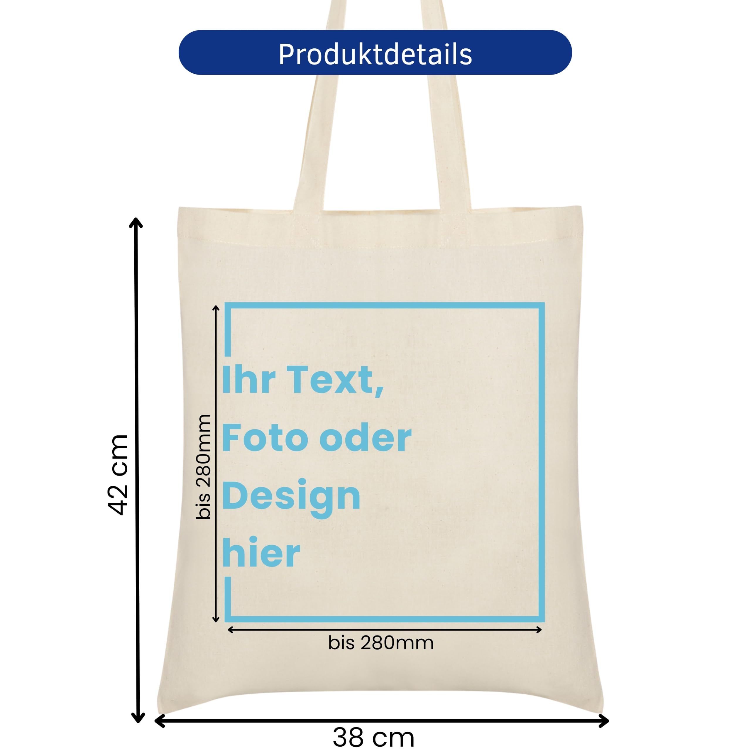 Generisch Personalisierte Baumwolltasche aus 100% Baumwolle - 10 | 20 | 50 | 100er Pack, Stoffbeutel mit langen Henkeln, Jutebeutel bedruckt mit Namen oder Wunschtext