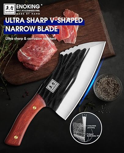 Miniatura 25 de ENOKING Cuchillo de carnicero para cortar carne, cuchillo de carnicero forjado a mano de 6.6 pulgadas, cortador de huesos resistente, cuchillo