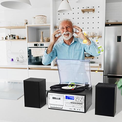 Miniatura 7 de Tocadiscos 10 en 1 con altavoces externos, 3 velocidadTurntable con radio AMFM, reproductor de CD y cassette, Bluetooth, reproducción USBSD, control