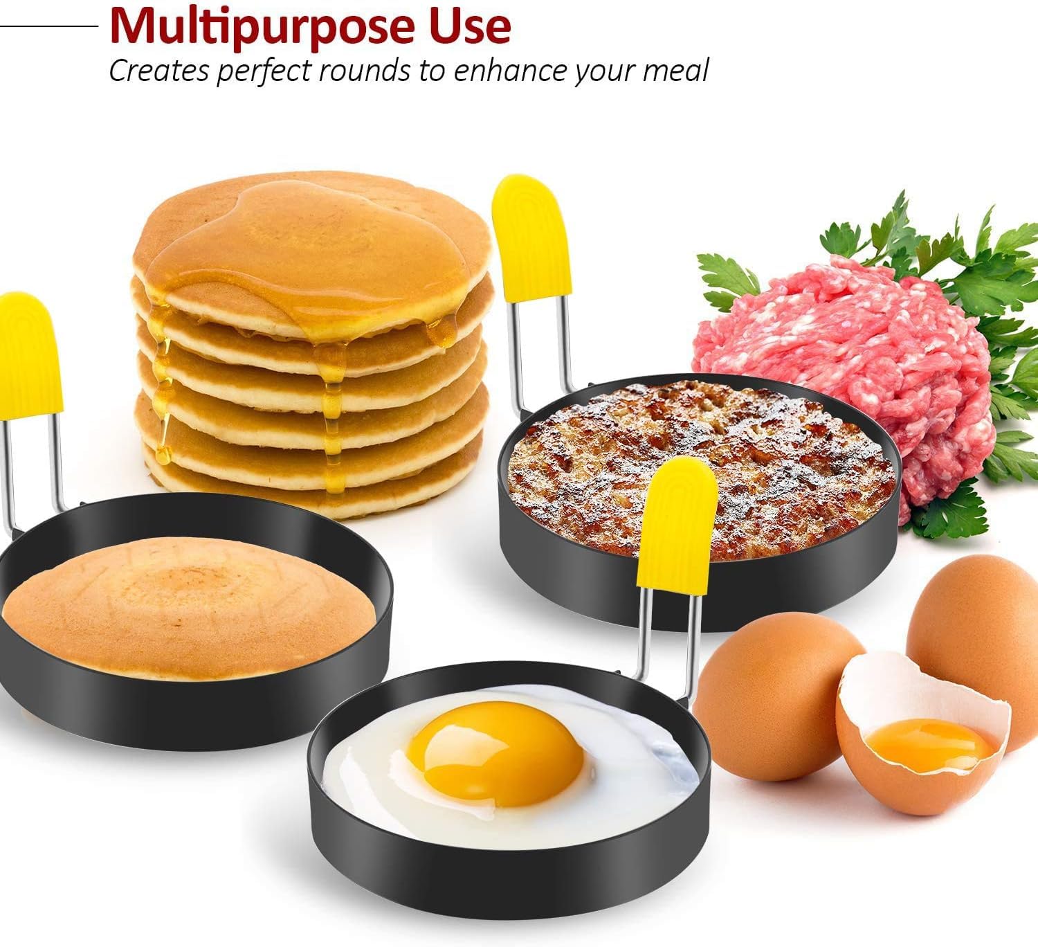 Turbid Stainless Steel Round Egg Rings with Handle - Black (Pack of 2) | 7.5 x 7.5 x 7.2 cm | Nonstick Egg Shaper Mold for Omelette, Pancakes, Breakfast Sandwiches and Round Fried Eggs 2