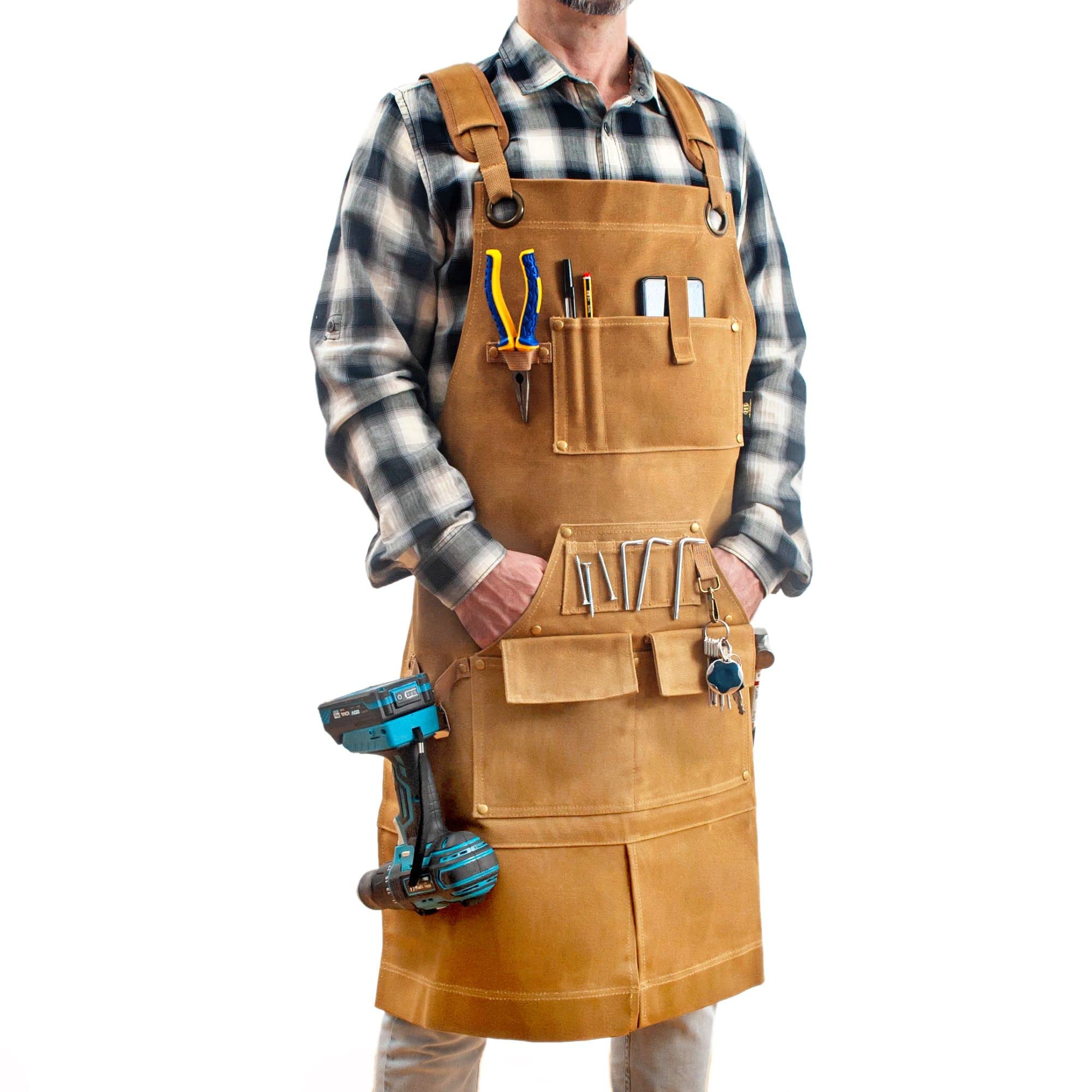 BB BY BARONEWaxed Canvas Woodworking Aprons with pockets - Work Shop Heavy Duty Cross Back Apron for men