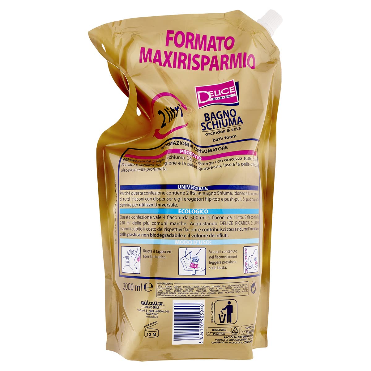Delice Bagno Schiuma, Fragranza Orchidea & Seta, Ricarica Universale Maxirisparmio, Dermatologicamente Testato - 2000 ML