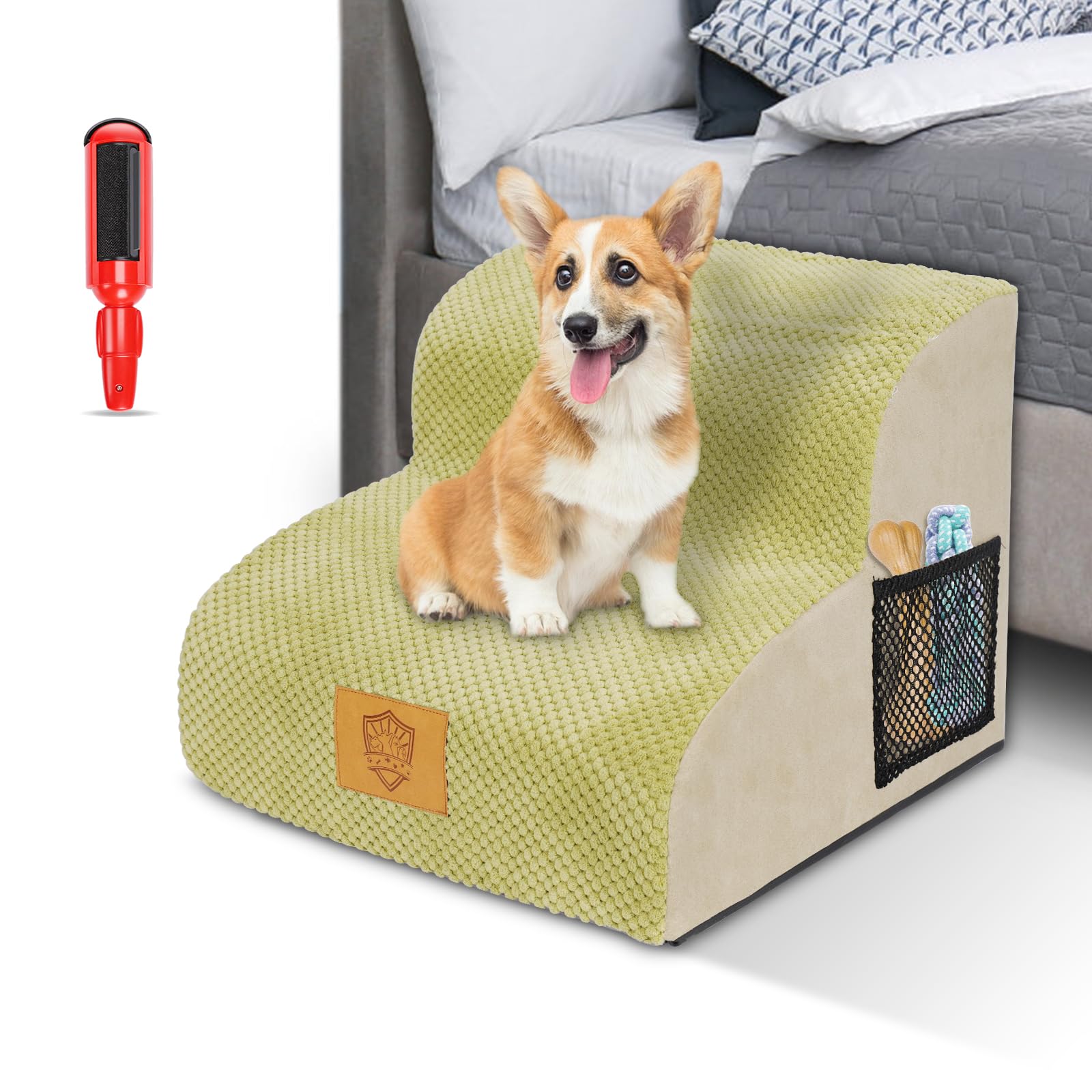 MASTERTOP Hundetreppe für Kleine Hunde, 2 Stufen Schaumstoff Haustiertreppe Katzentreppe mit Plüschbezug, Waschbar Hunderampe mit Aufbewahrung Stasche für Sofa Bett, Senden 1 Fusselrolle