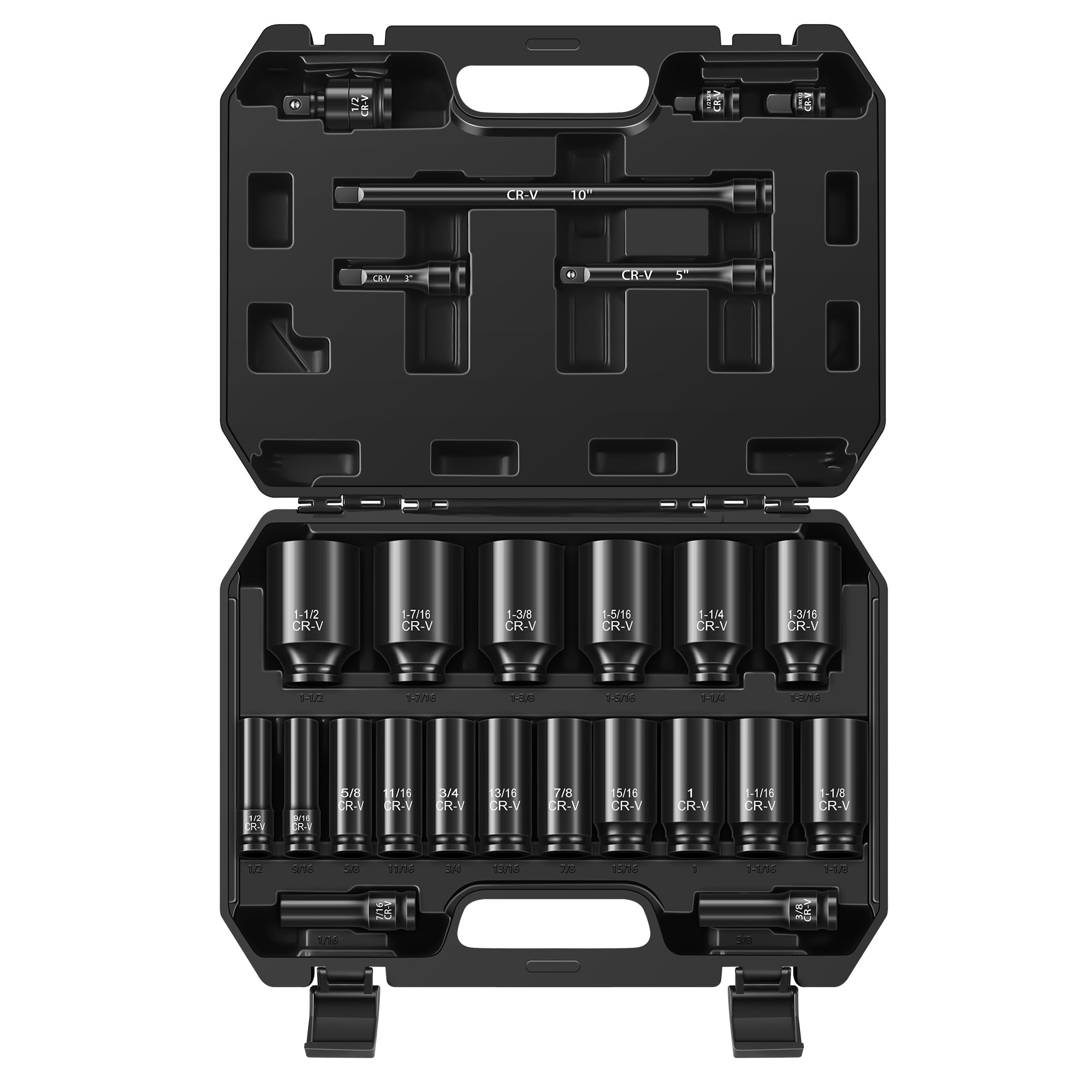Reniteco 25-Piece 1/2" Drive Socket Set, SAE (3/8"- 1-1/2"), Deep Sockets, Extension Bars, 1/2" F to 3/8" M Reducer,3/8" F to 1/2" M Reducer,