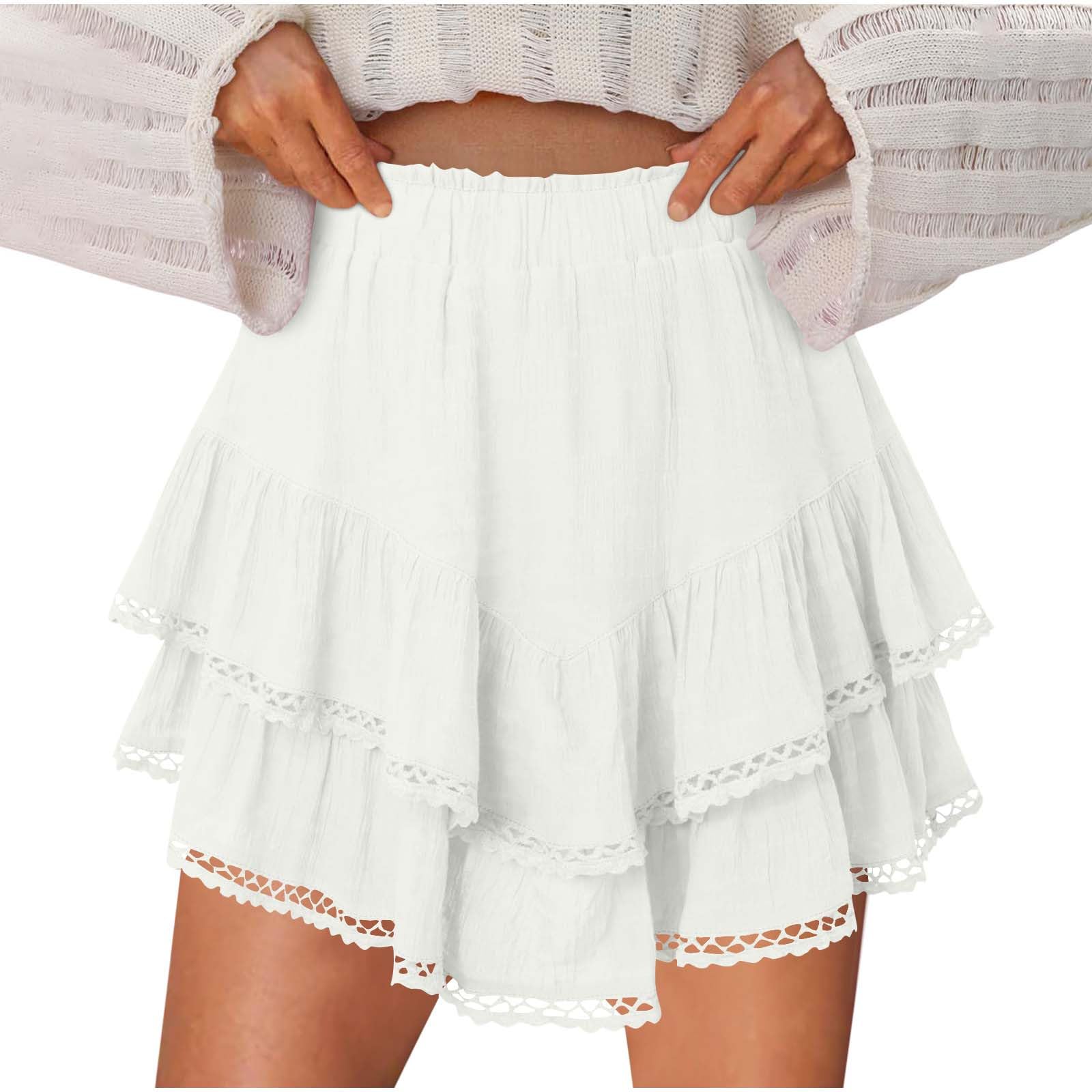 Flowy Shorts for Women Casual Boho Ruffle Tiered Skorts High Waist Mini Skirt Golf Tennis Crochet Lace Trim Shorts(White,XX-Large)