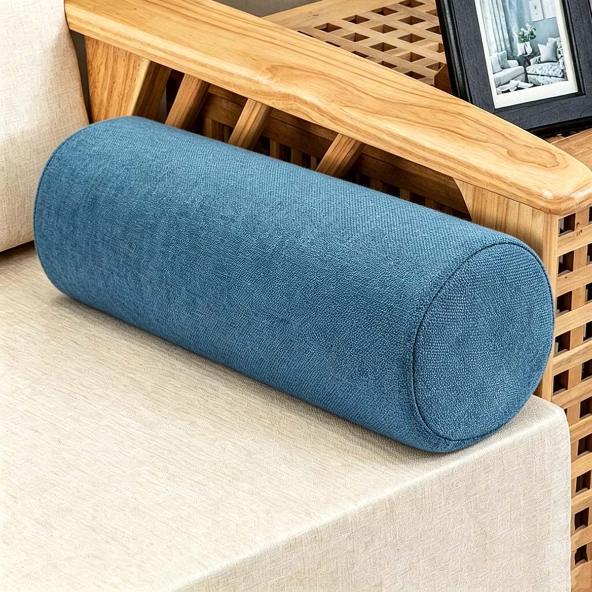 Akuops Round Bolster Cushion, Cuddly Soft Linen Neck Pillow, Knee Roll Cushions, Round Back Lumbar Elbow Support for Armrest at Sofa & Bed, Compact and Lightweight (60x20cm,Blue)