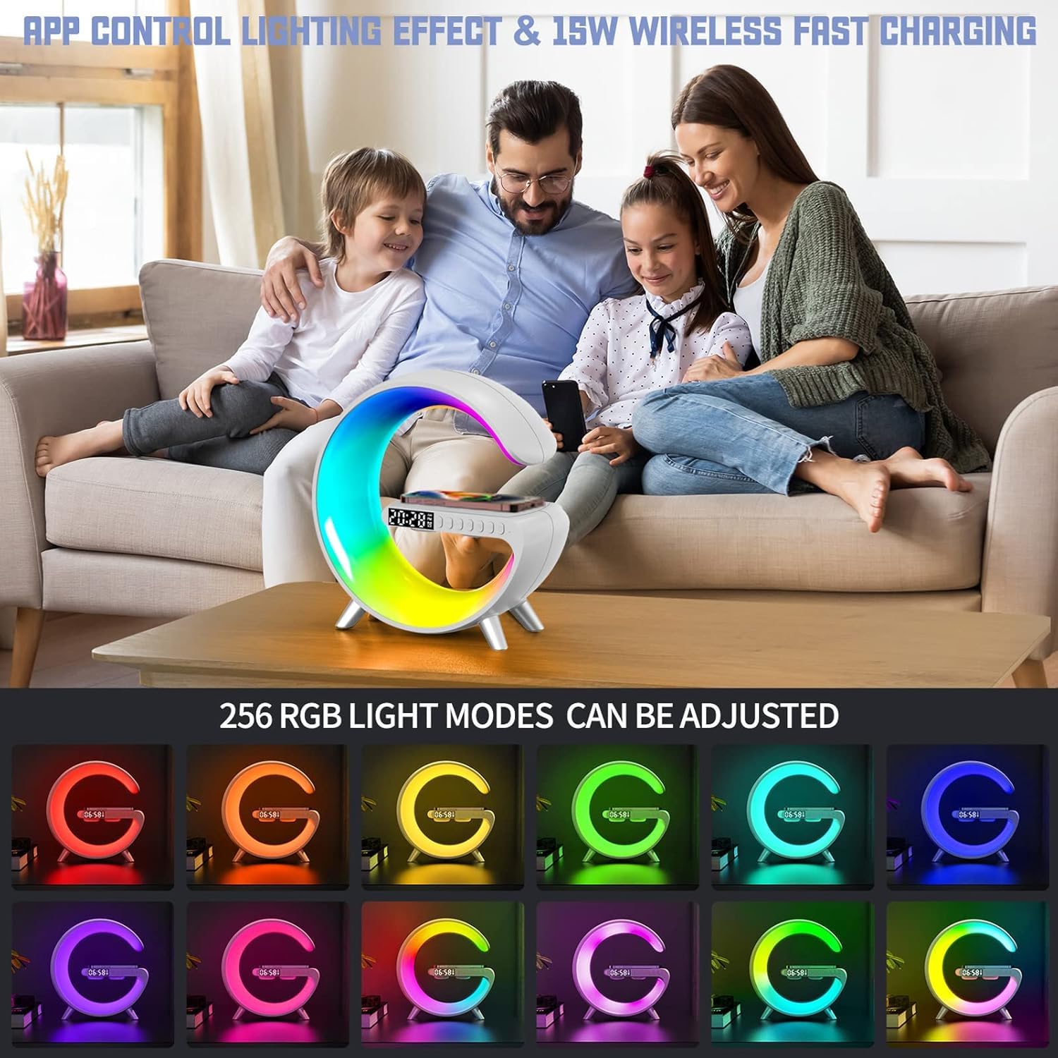 Lampada da tavolo a LED intelligente, 5 in 1, stazione di ricarica wireless veloce, 256 modalità di luce, lampada da comodino dimmerabile, altoparlante Bluetooth e controllo app per camera da letto