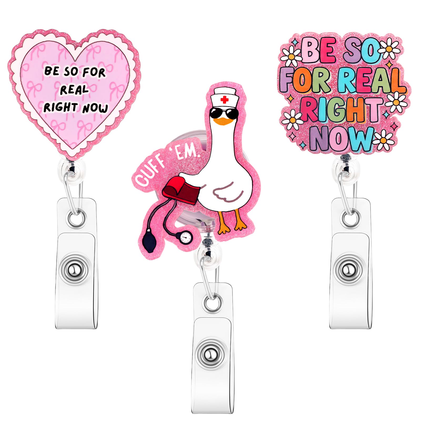Zkptops 3Pcs Funny Badge Reel Cute Nurse Badge Reel with Retractable Alligator Clip Pink Badges Holder Buddy for Nurses Doctors ID Card Decor Acrylic Name Tag Humor Badges Accessories for Gifts — image 1