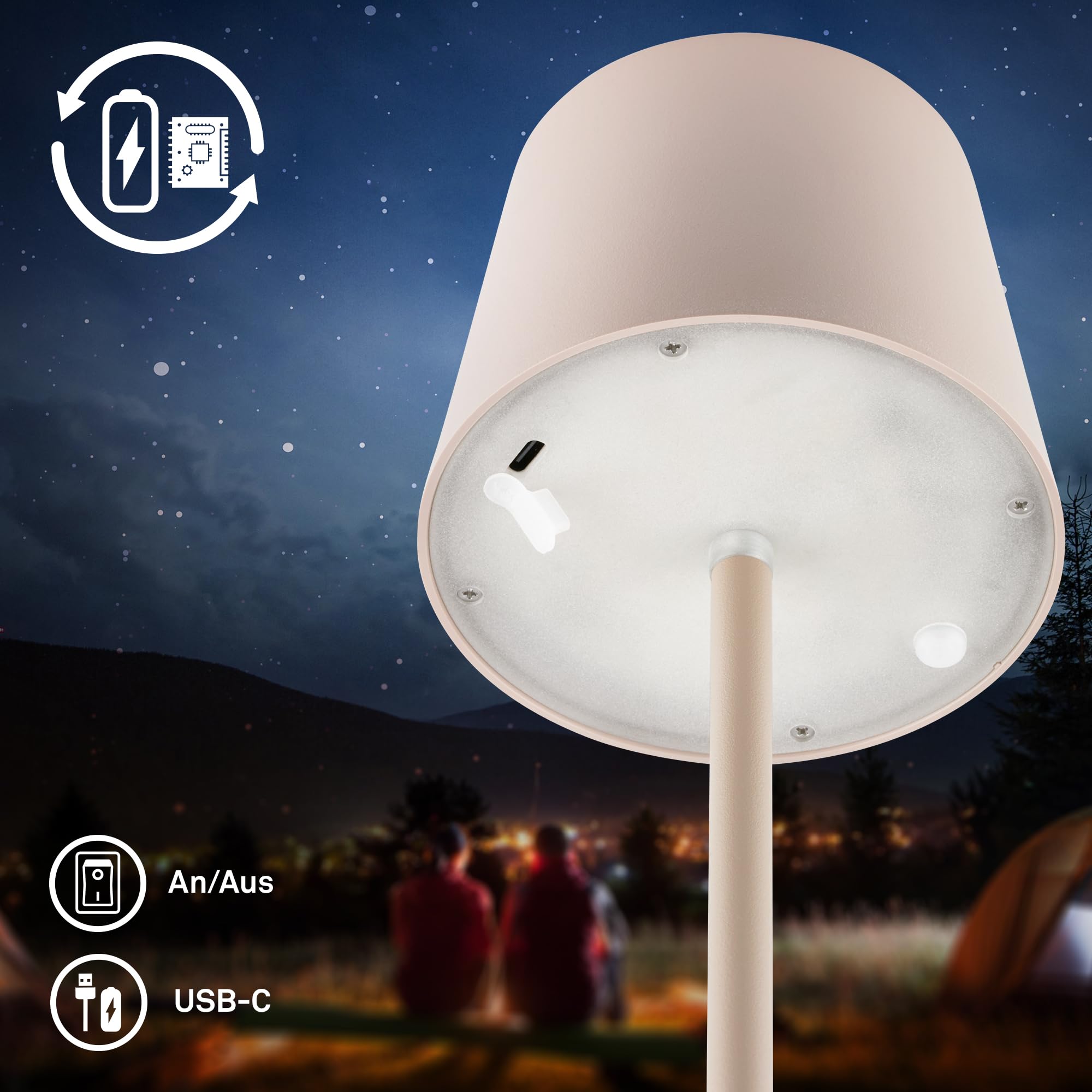 BRILONER - Lámpara mesa LED IP44 inalámbrica, táctil, regulable, batería y luz intercambiables, lectura, noche, camping, lámpara exterior, 11x33 cm, beige