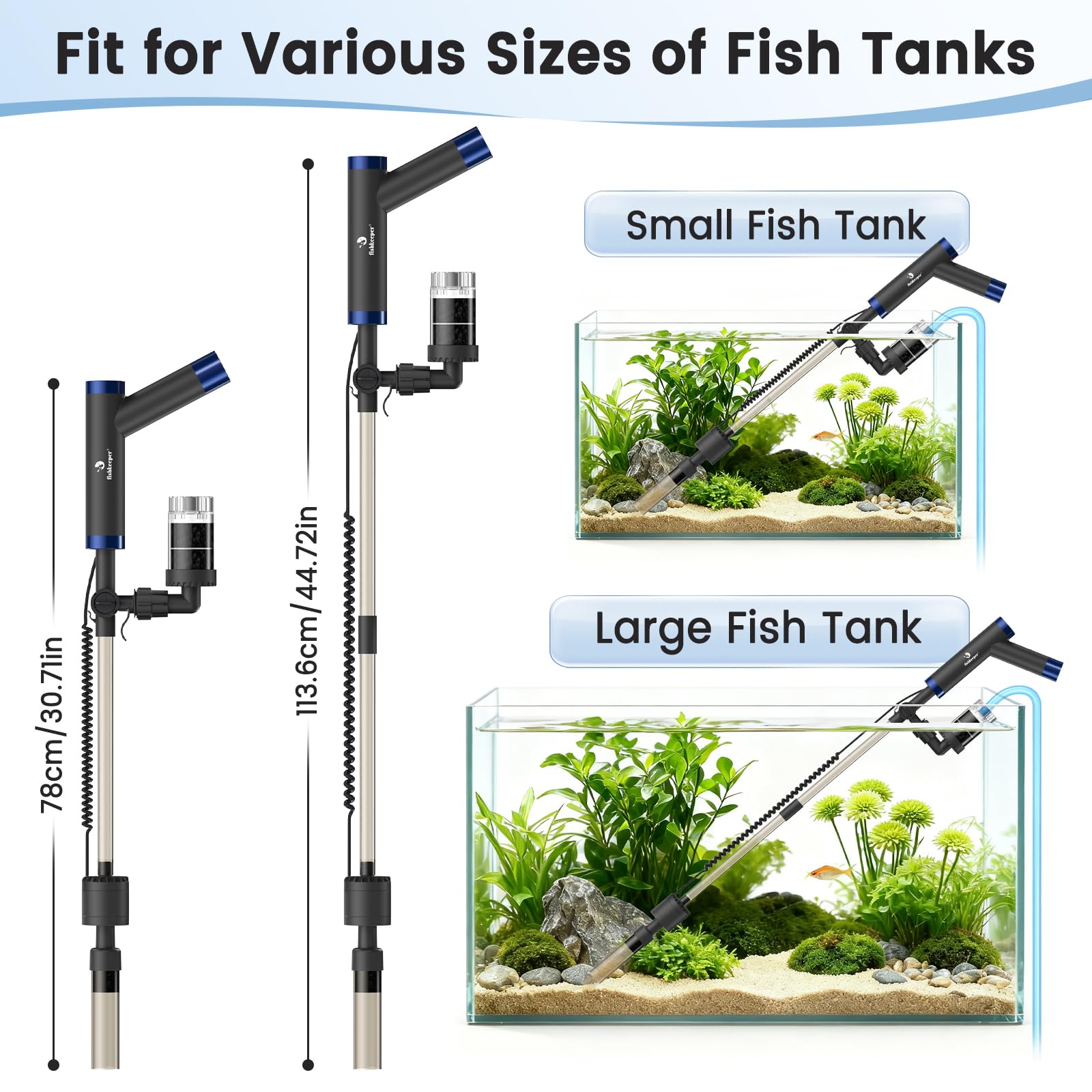 fishkeeper Rechargable Wiederaufladbarer Mulmsauger Aquarium Elektrisch, DC Aquarium Sauger Elektrisch, Durchflussmenge Einstellbar Aquarium Wasserwechsel Pumpe mit Schlauch